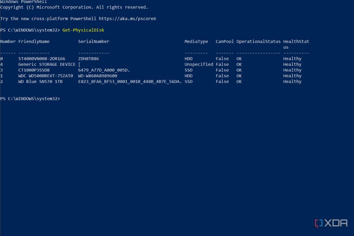 A screenshot of Windows Powershell with the Get-PhysicalDisk command