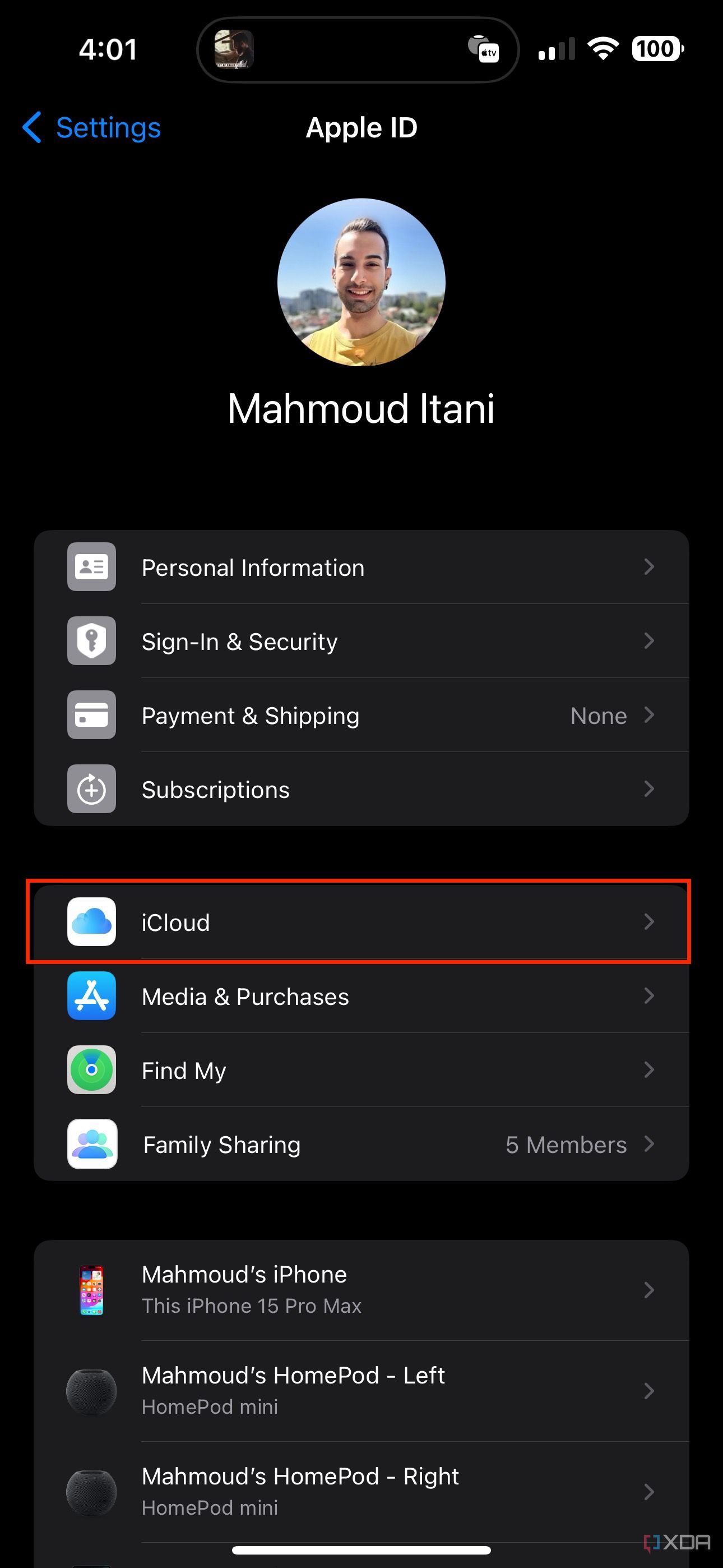 iCloud settings section on iOS with iCloud highlighted