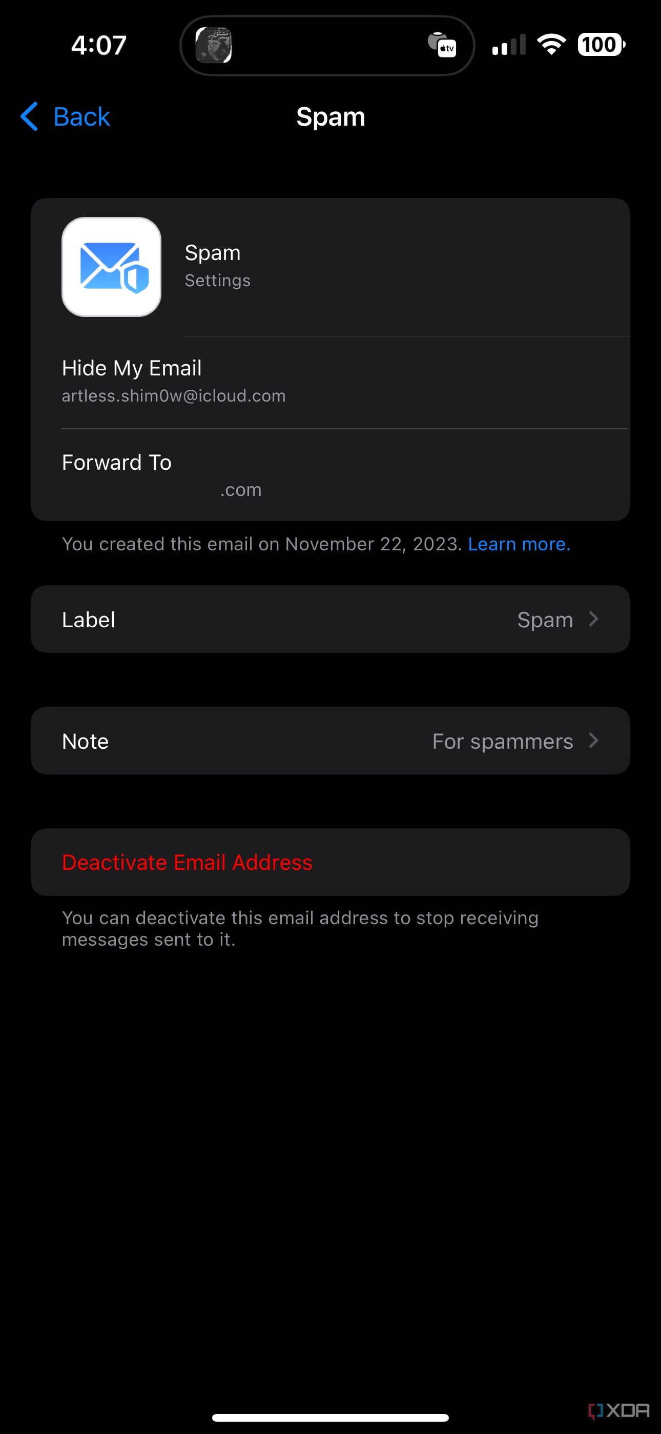 deactivate email address button for hide my email on ios