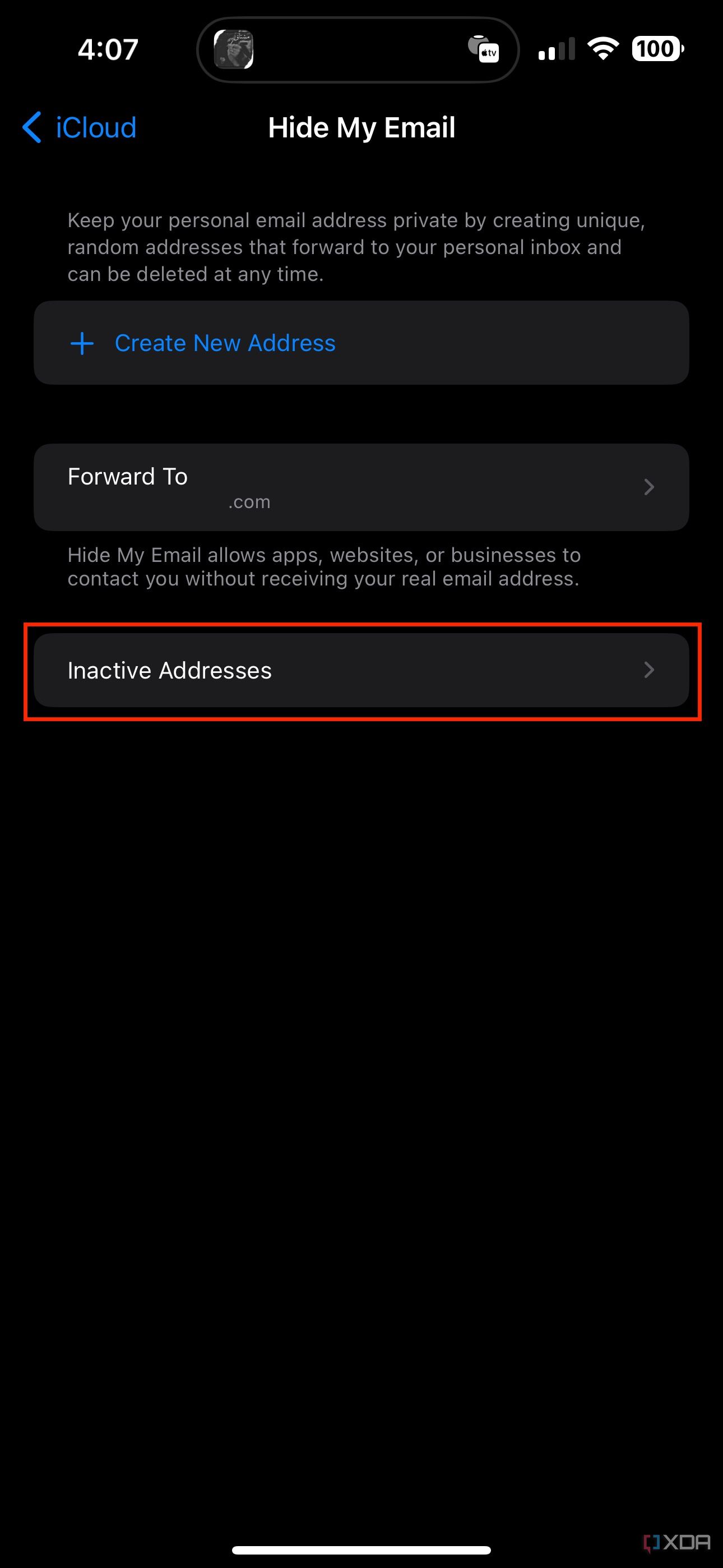 inactive addresses section in hide my email settings