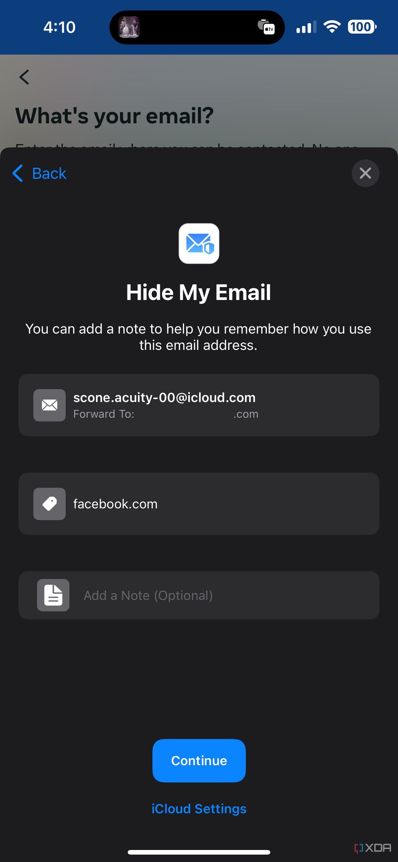 hide my email setup through keyboard showing alias, label, and note
