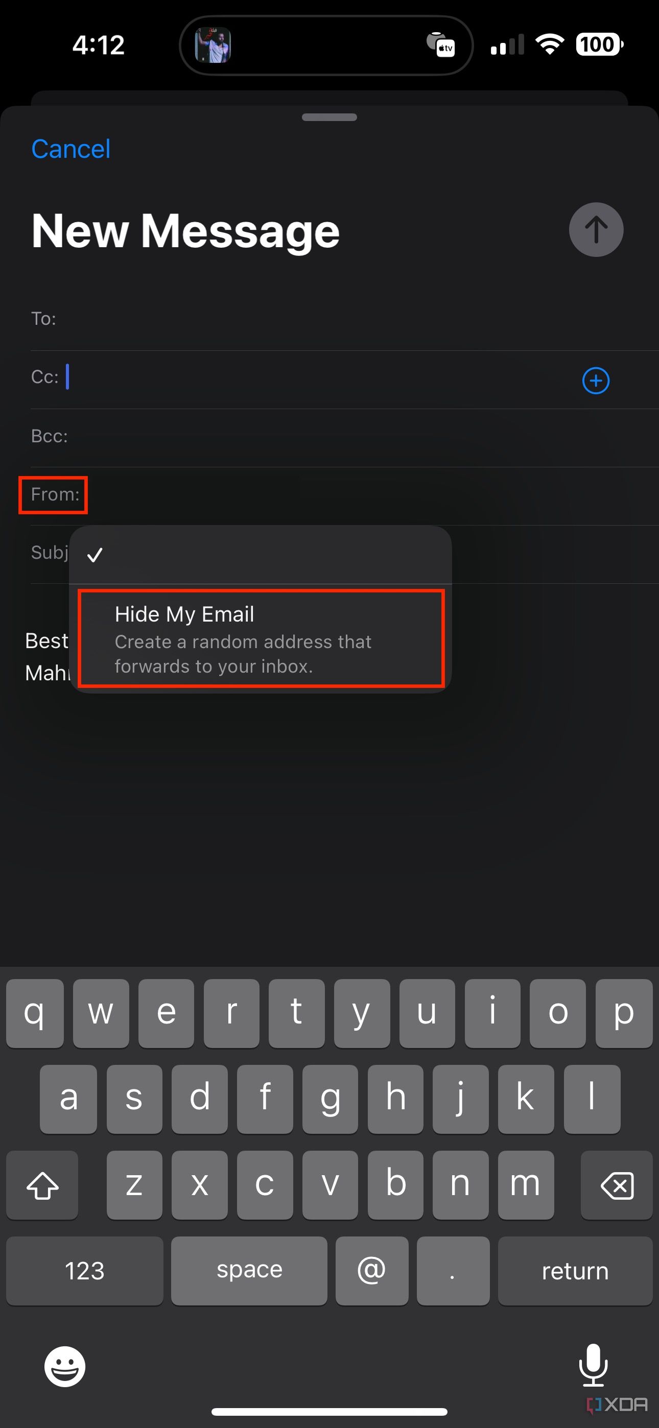 hide my email in the from field in mail app