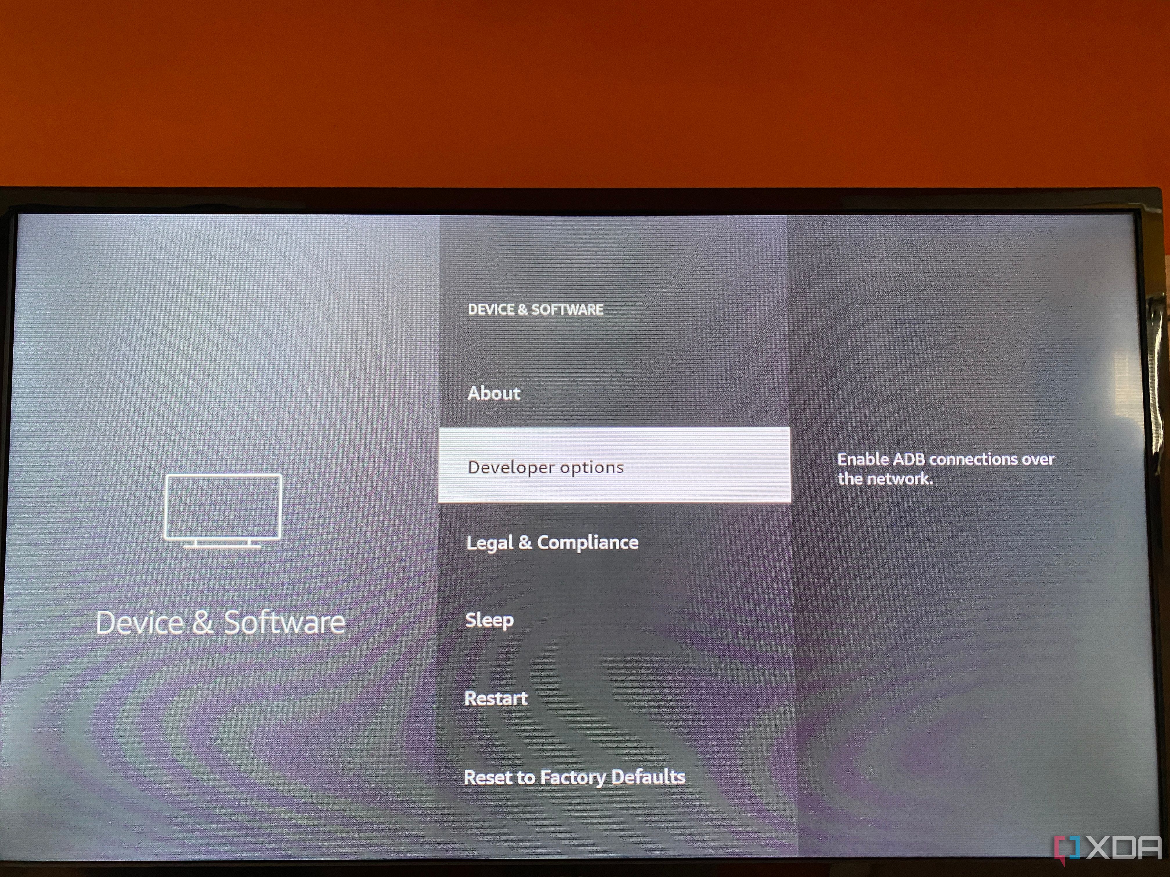 Amazon Fire TV Settings Menu with Developer options highlighted
