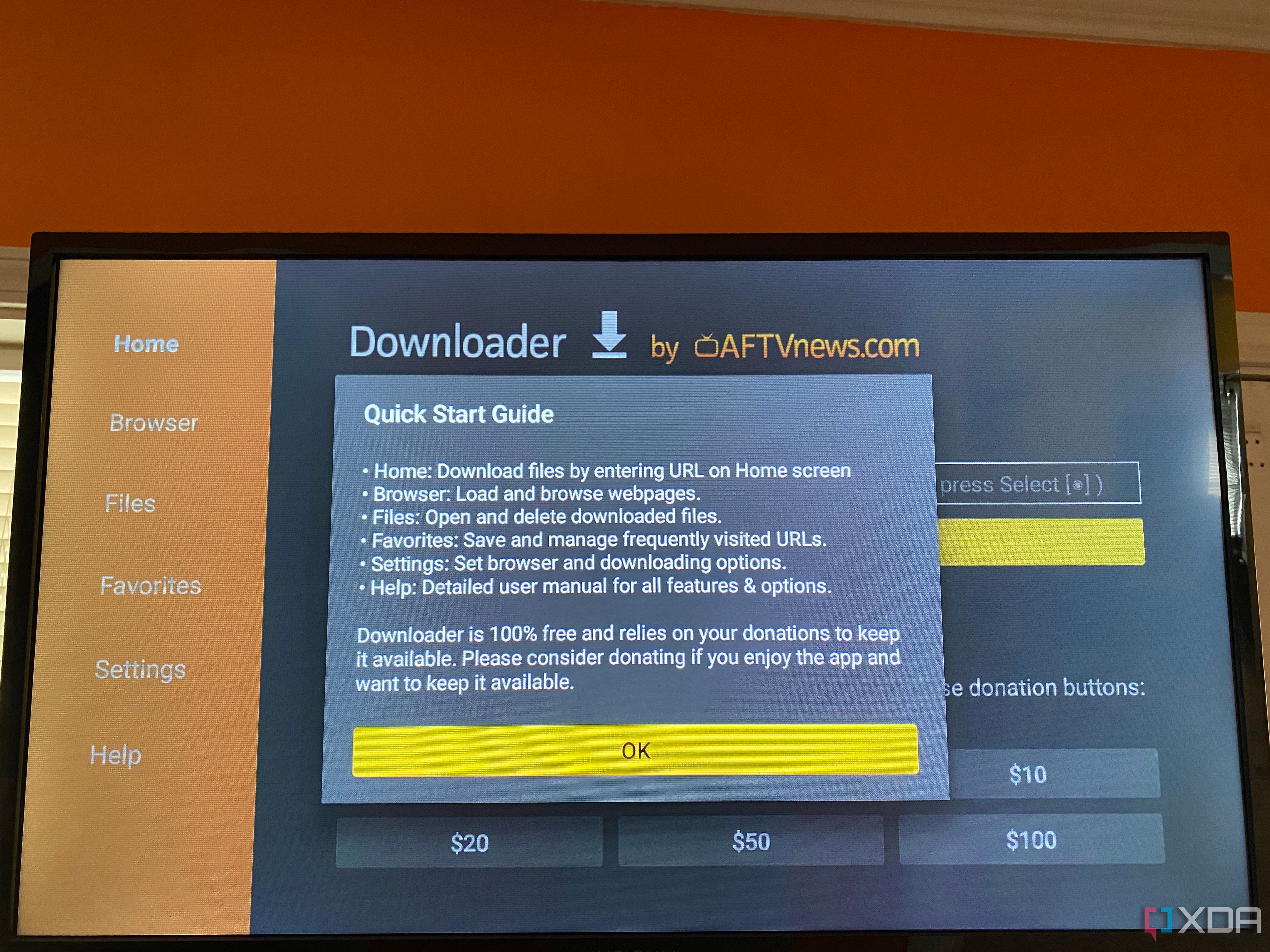 Amazon Fire TV running Downloader app for first time with popups