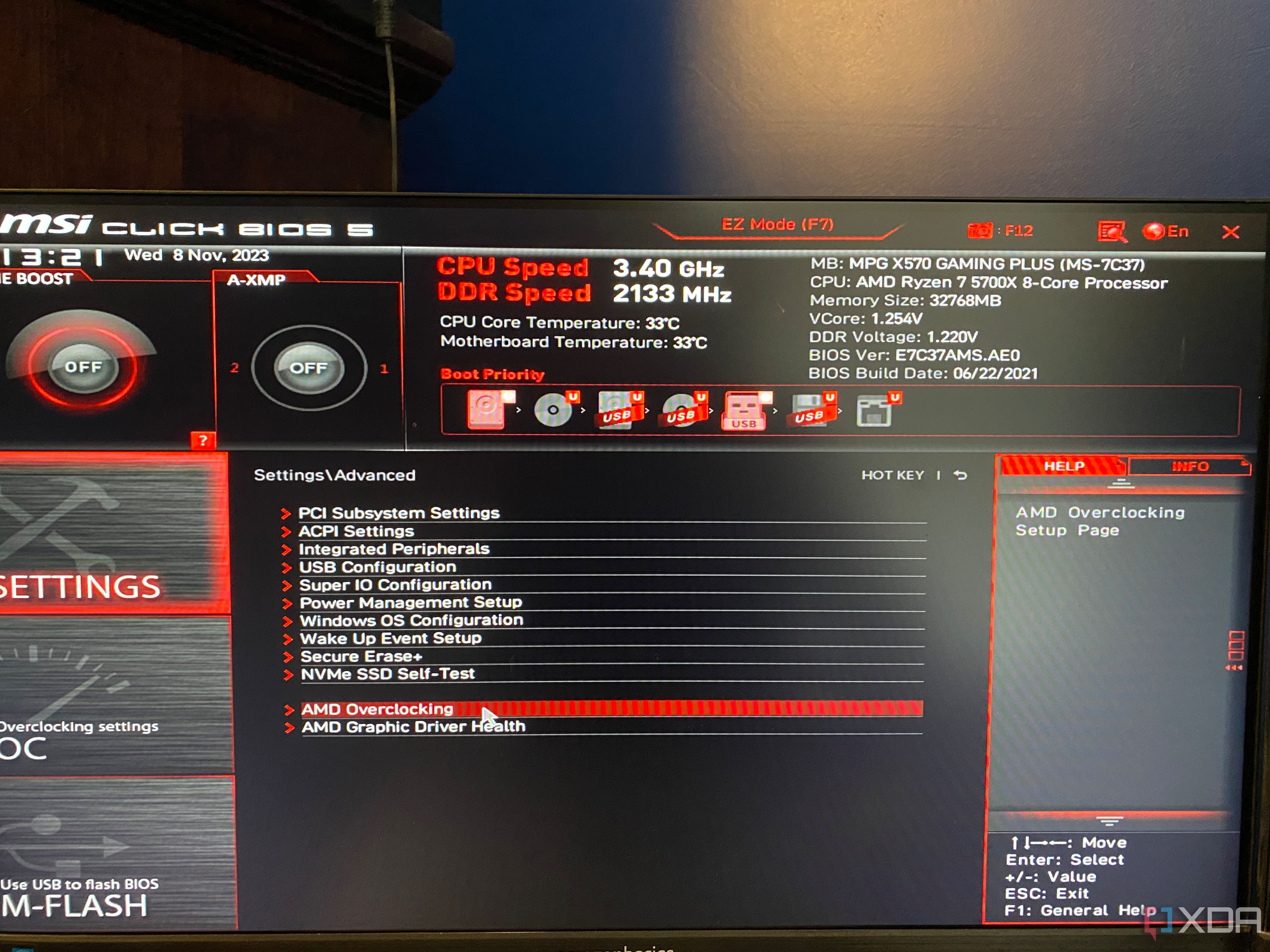 Menú de overclocking de MSI