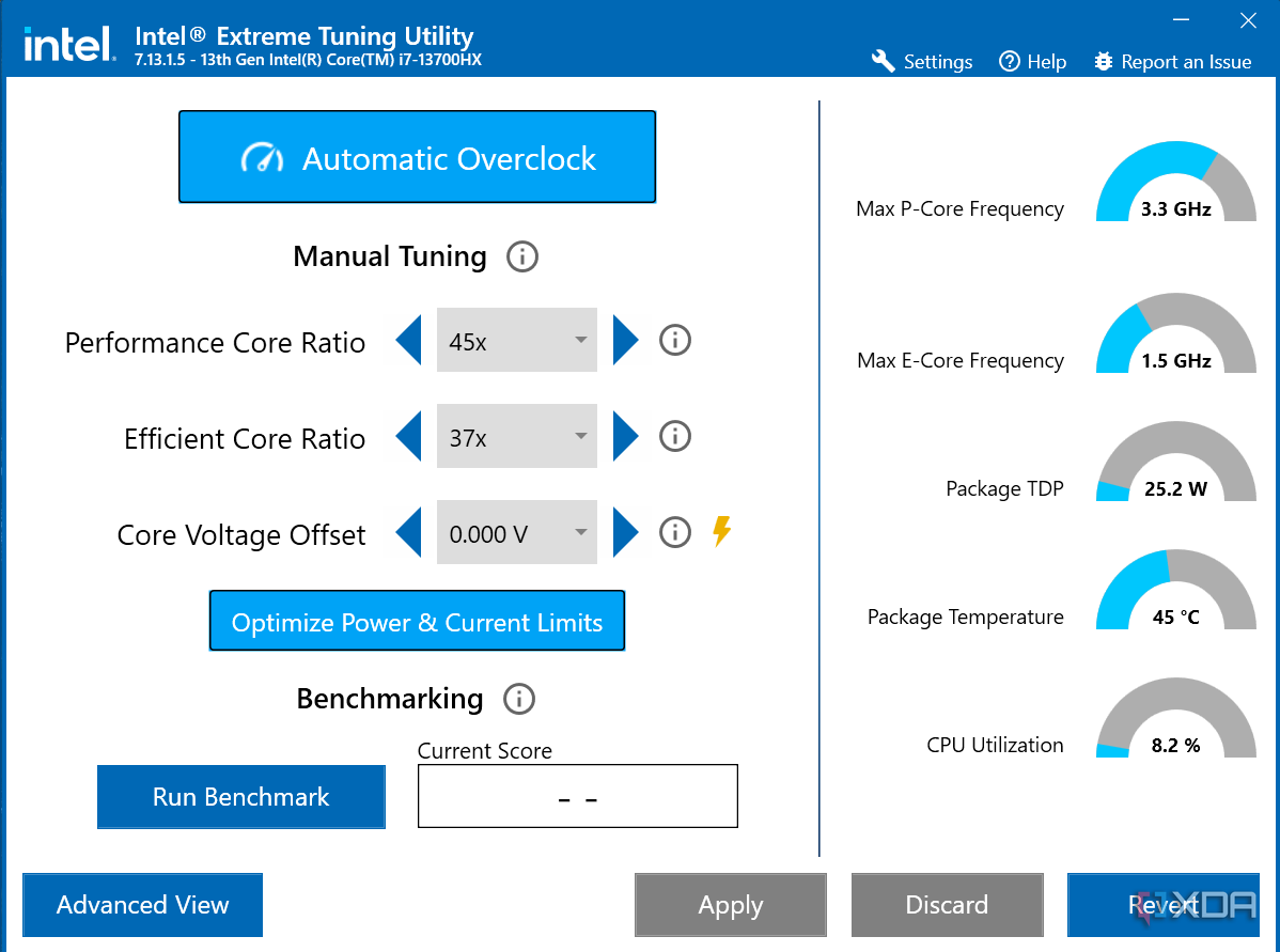 Снимок экрана: базовый вид в утилите Intel Extreme Tuning Utility