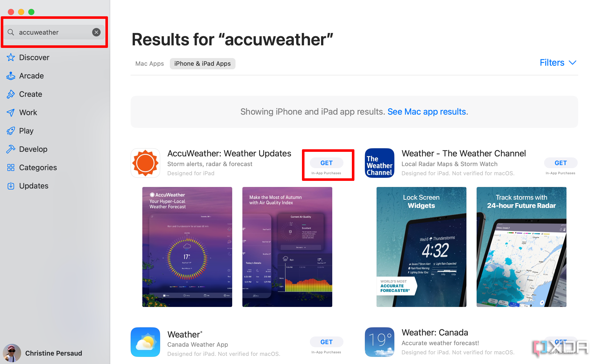 App Store app on a Mac where the Accuweather app is searched for and selected.