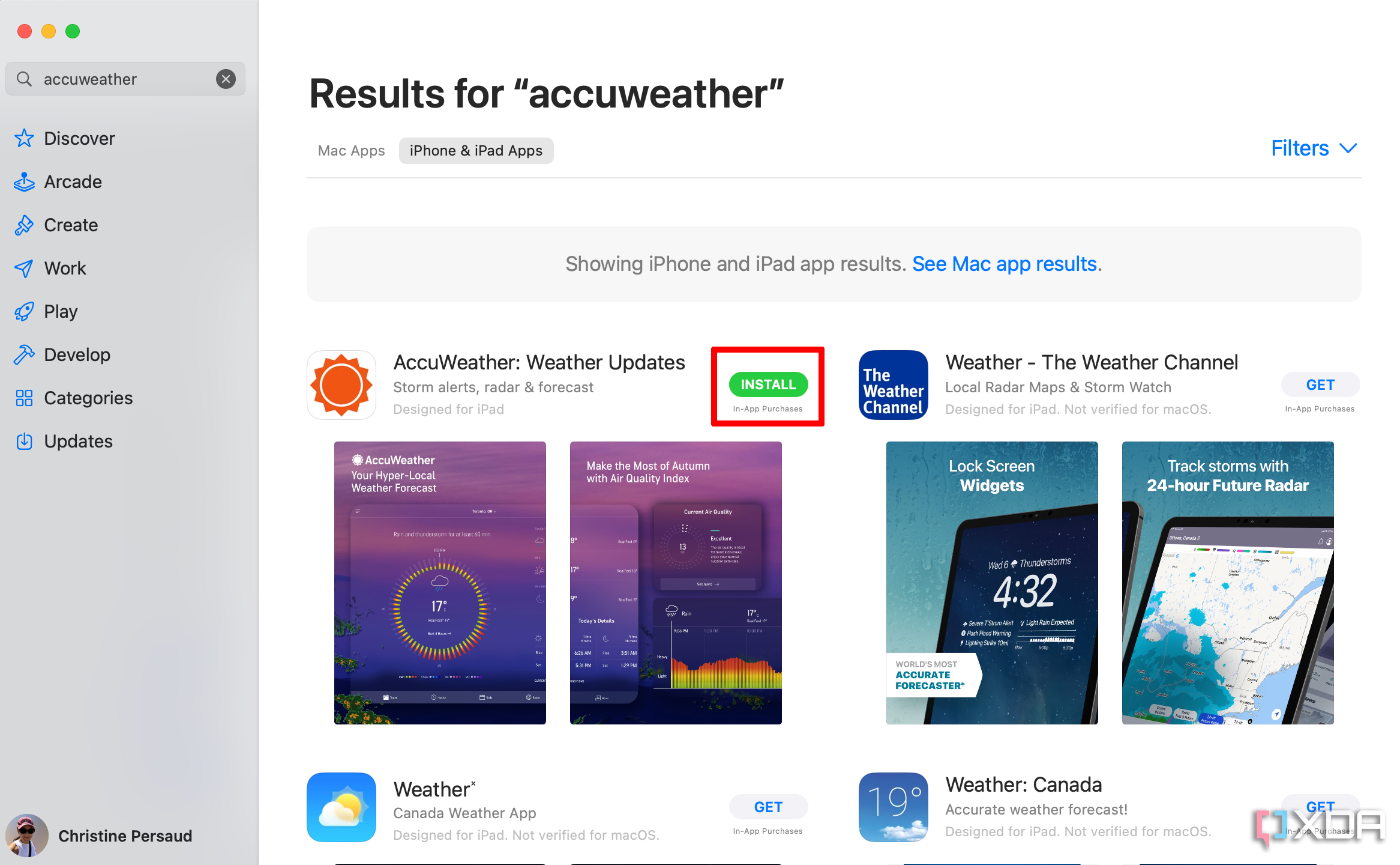 App Store app with the Accuweather app selected and Install showing.