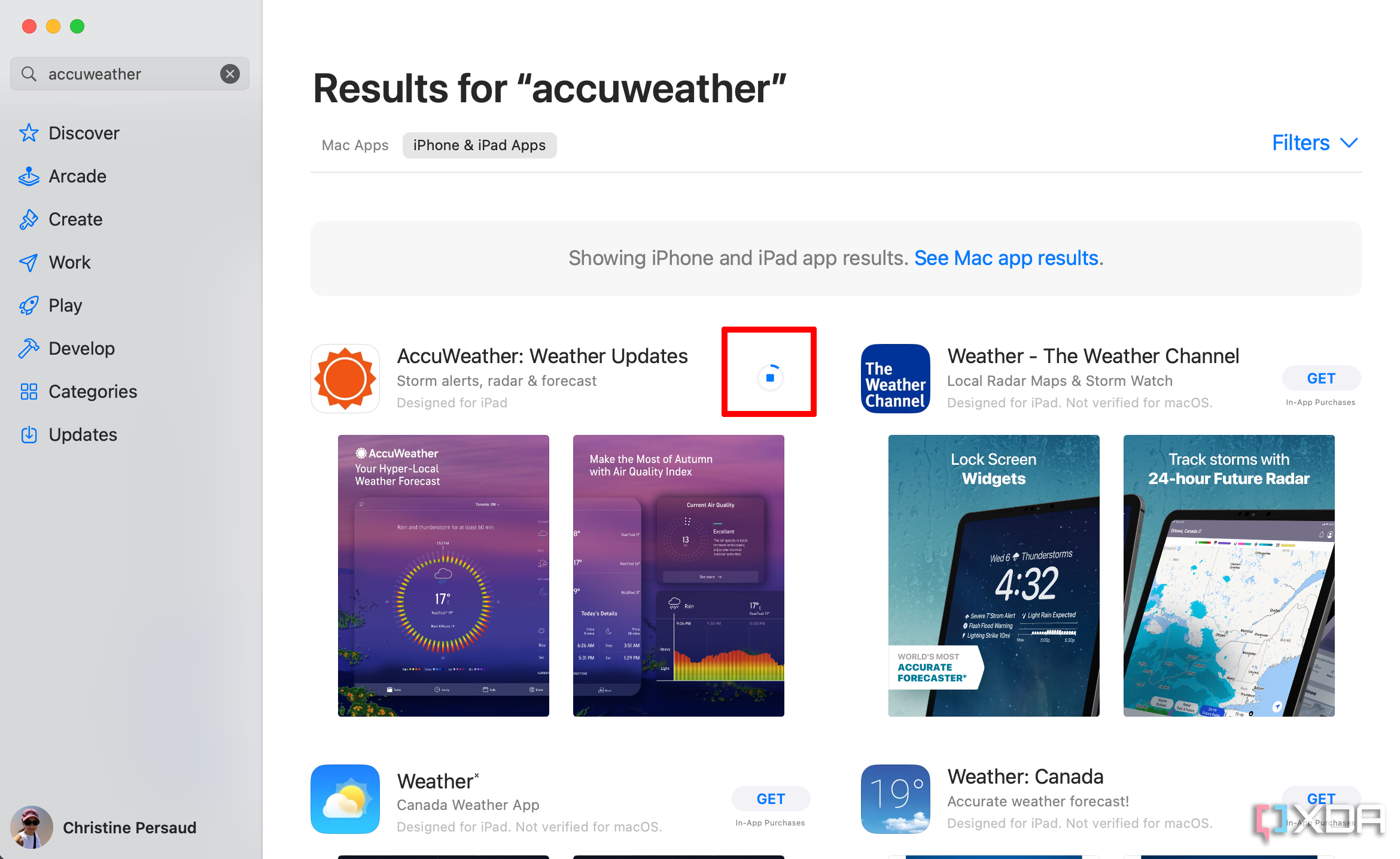 App Store on Mac with the Accuweather app selected and downloaded.