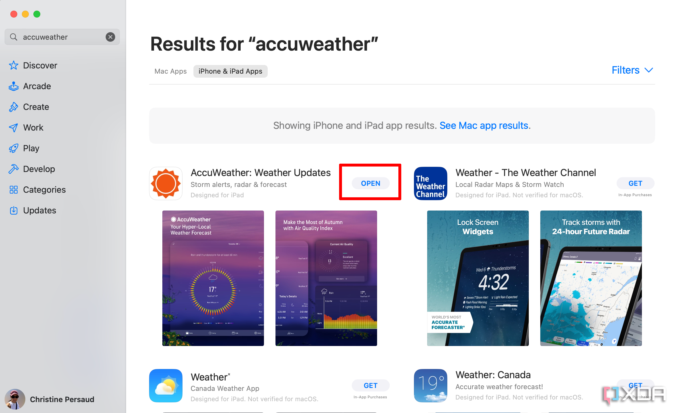 App Store on Mac with AccuWeather app downloaded and opened.