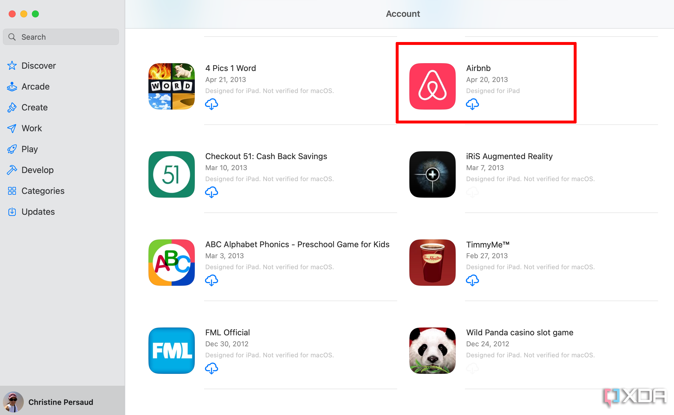 App Store app on Mac with the Airbnb app selected and the cloud icon shown for download.
