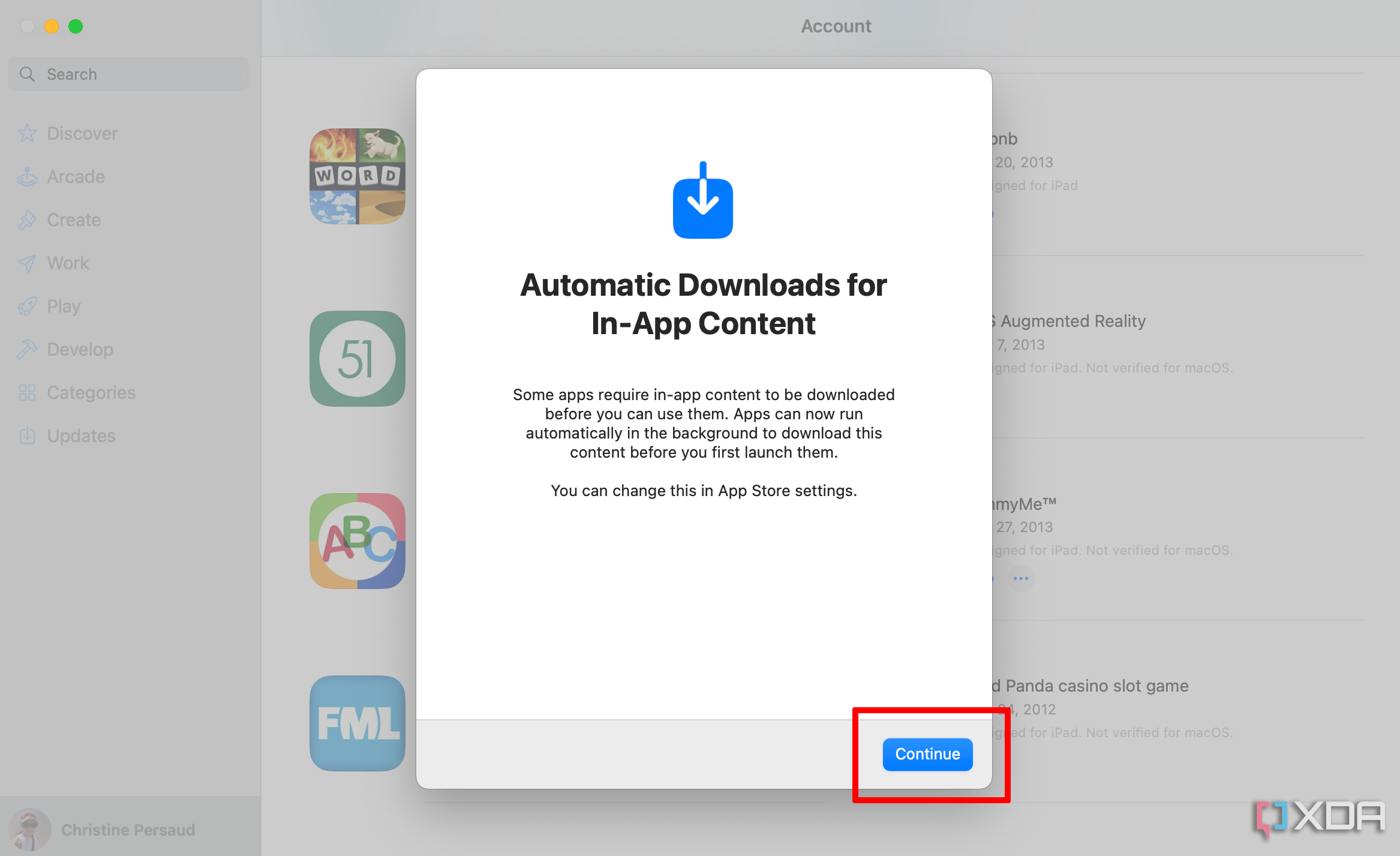 App Store app on Mac showing a popup asking you to confirm automatic downloads for in-app content.