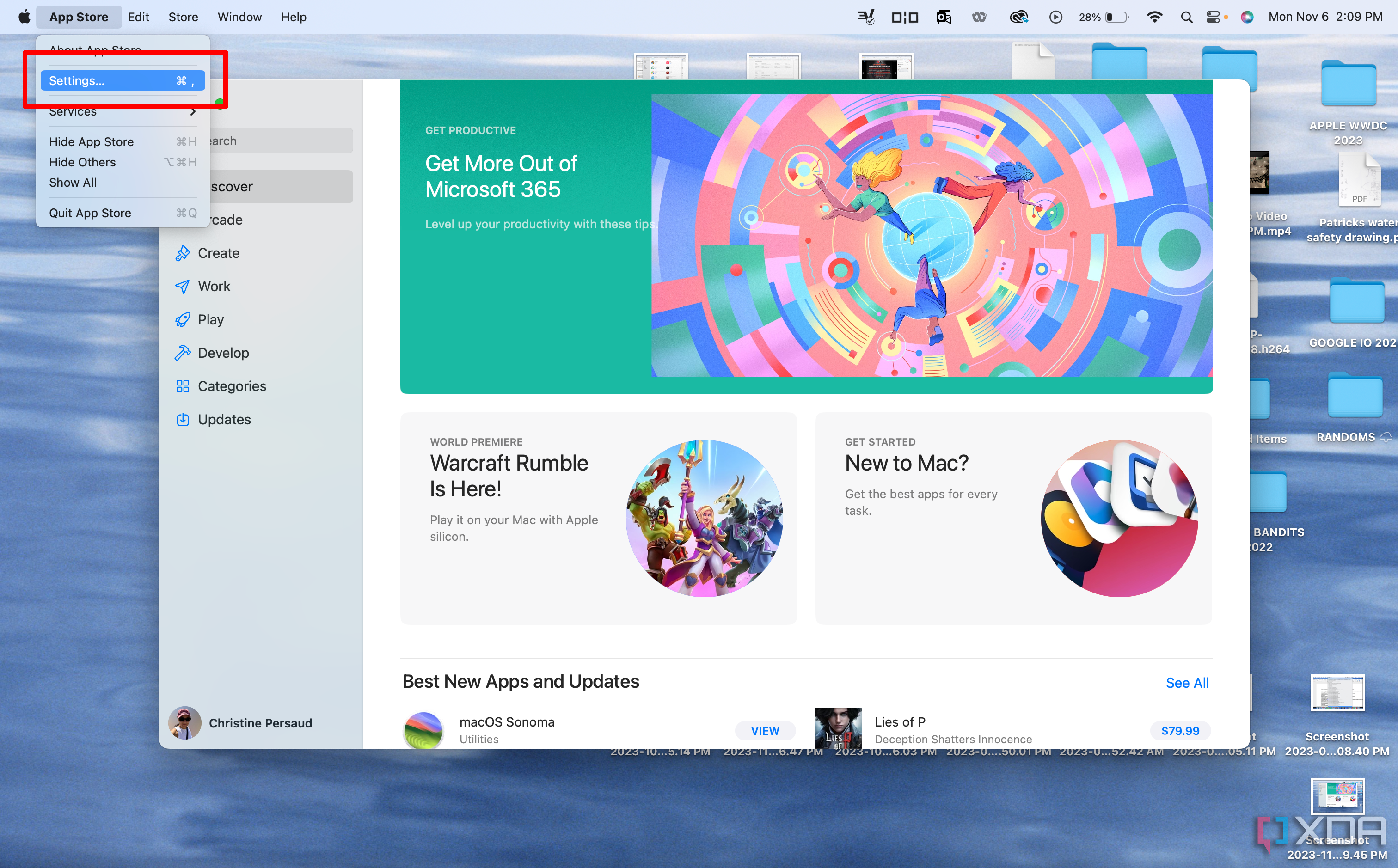 App Store menu on Mac with Settings selected.