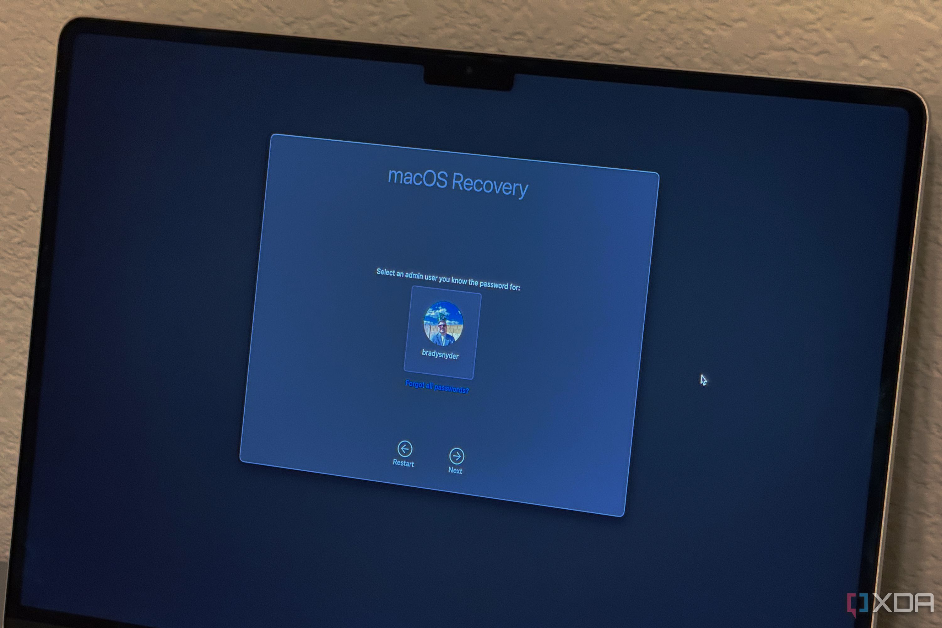 Un perfil de administrador en macOS Recovery.