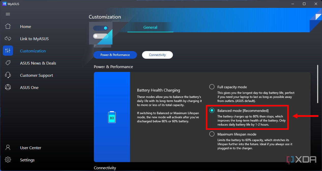 Screenshot of the MyAsus customization page with the battery health charging feature set to balanced
