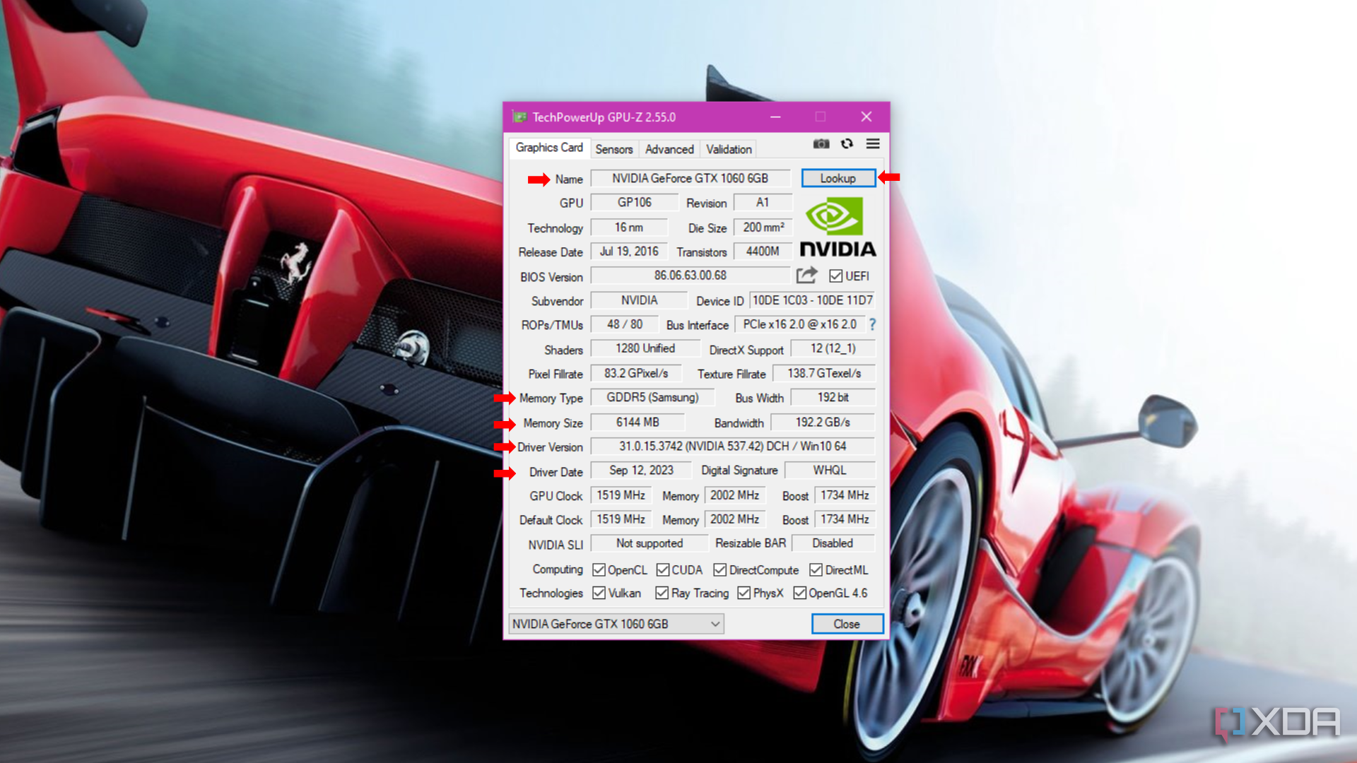 Окно приложения GPU-Z, открытое на вкладке «Видеокарта», показывает подробную информацию о видеокарте NVIDIA GeForce GTX 1060, включая ее название, графический процессор и сведения о технологии.