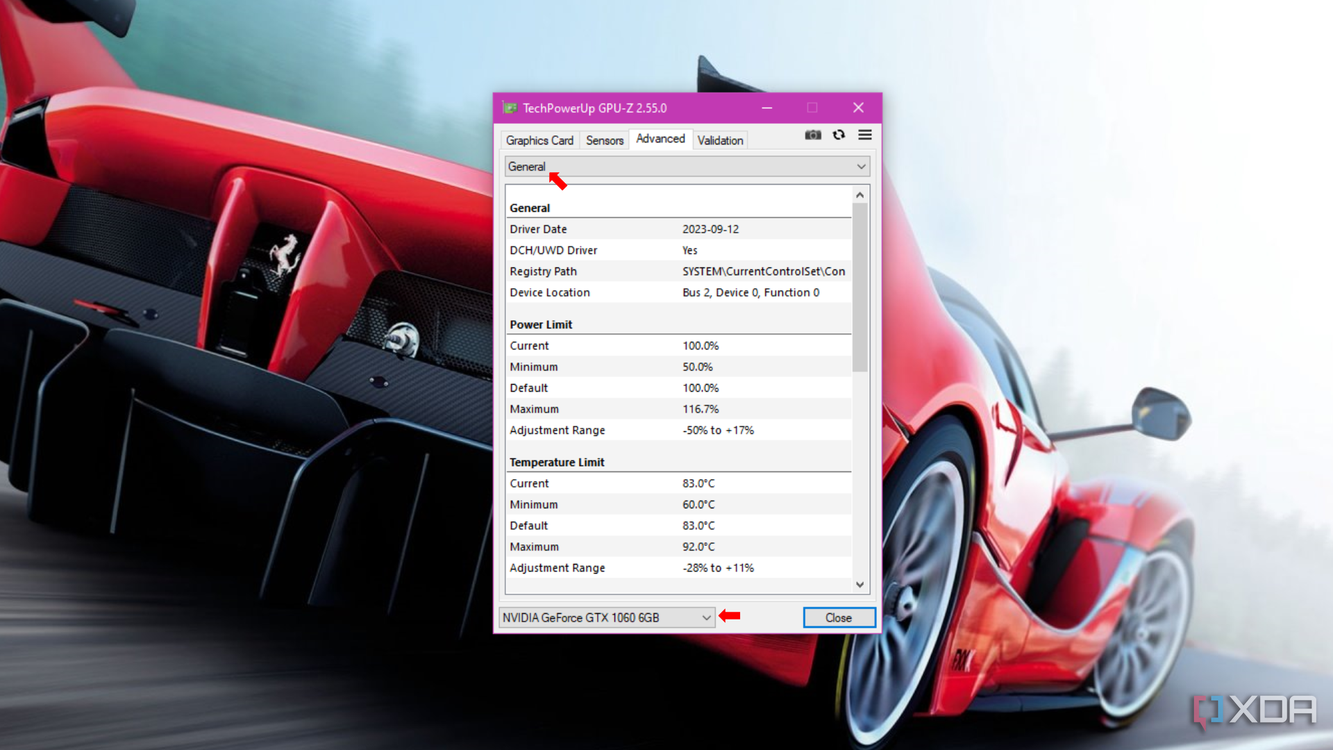 La pestaña "Avanzado" de la ventana de la aplicación GPU-Z que muestra información del controlador, límite de energía y configuraciones de límite de temperatura para una tarjeta gráfica NVIDIA GeForce GTX 1060.