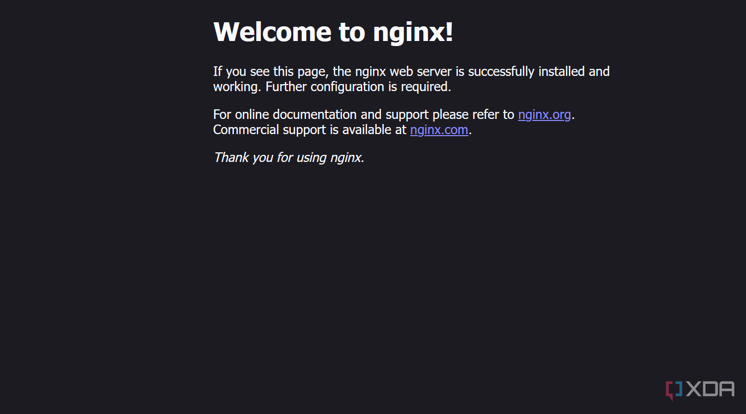 A Screenshot showing the 'Welcome to nginx' screen displayed when Nginx is first installed.