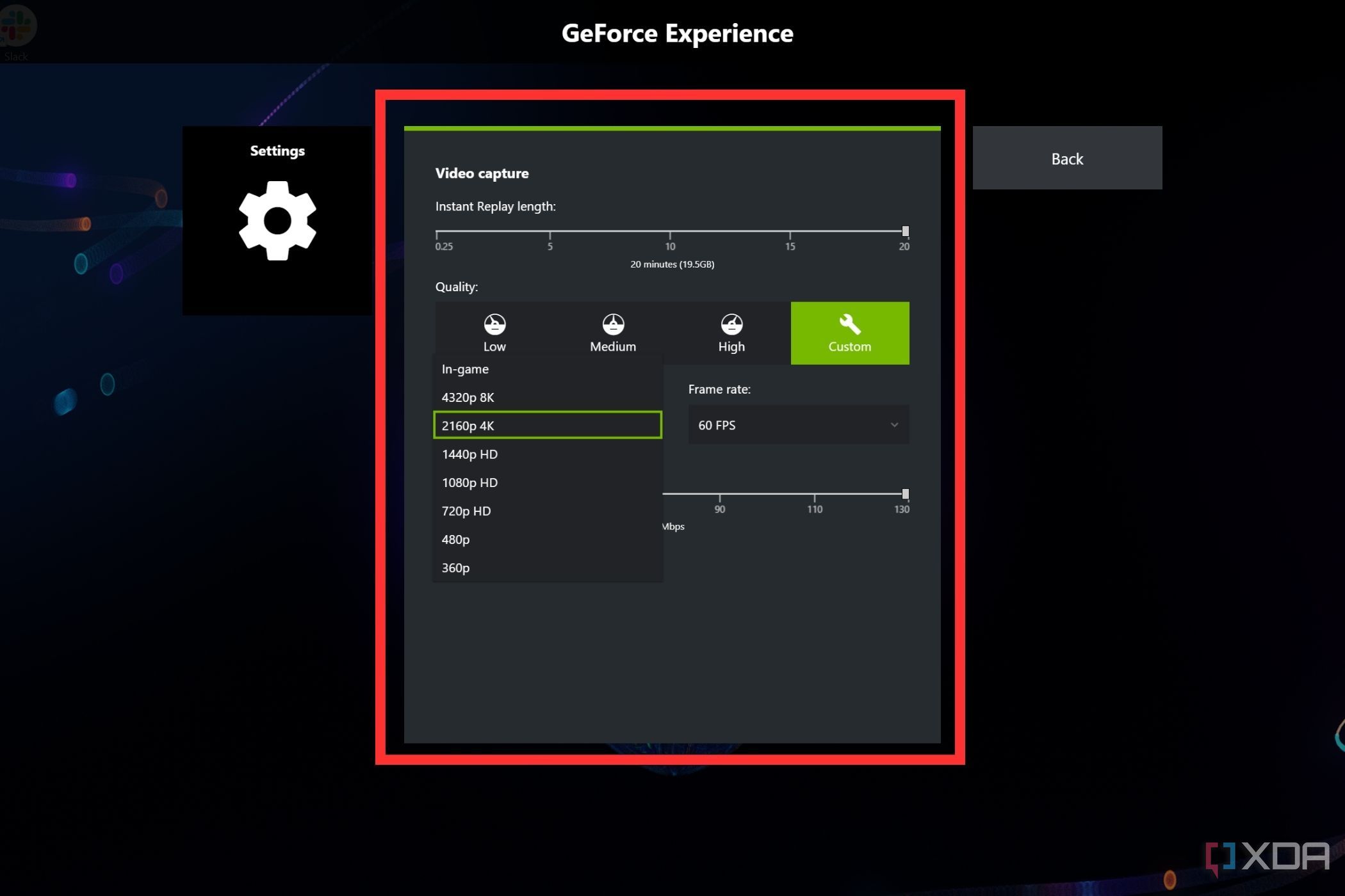 Una captura de pantalla que muestra la configuración de grabación de Nvidia ShadowPlay.