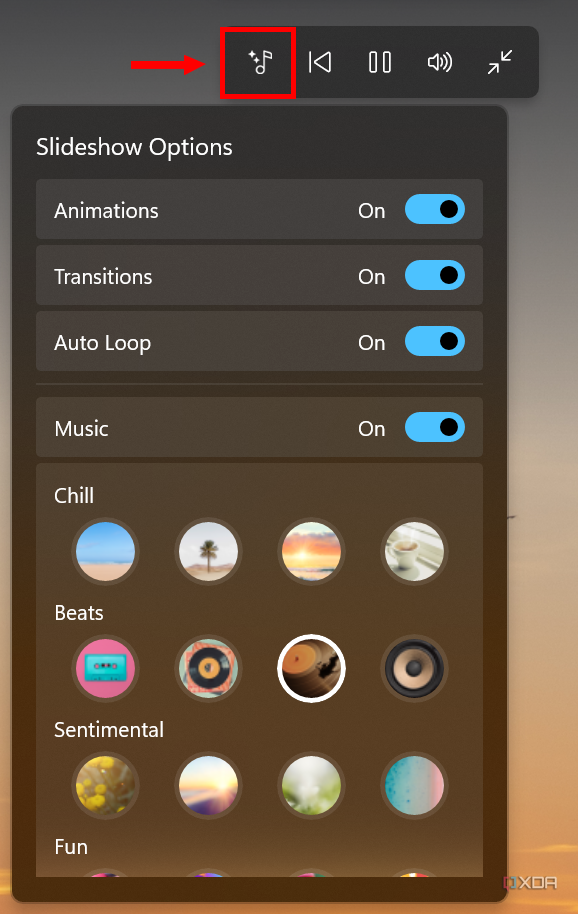 Screenshot of the slideshow options menu in the Windows 11 Photos app