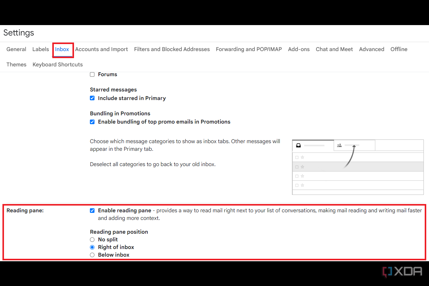 Panel de lectura configurado a la derecha de la bandeja de entrada en Gmail