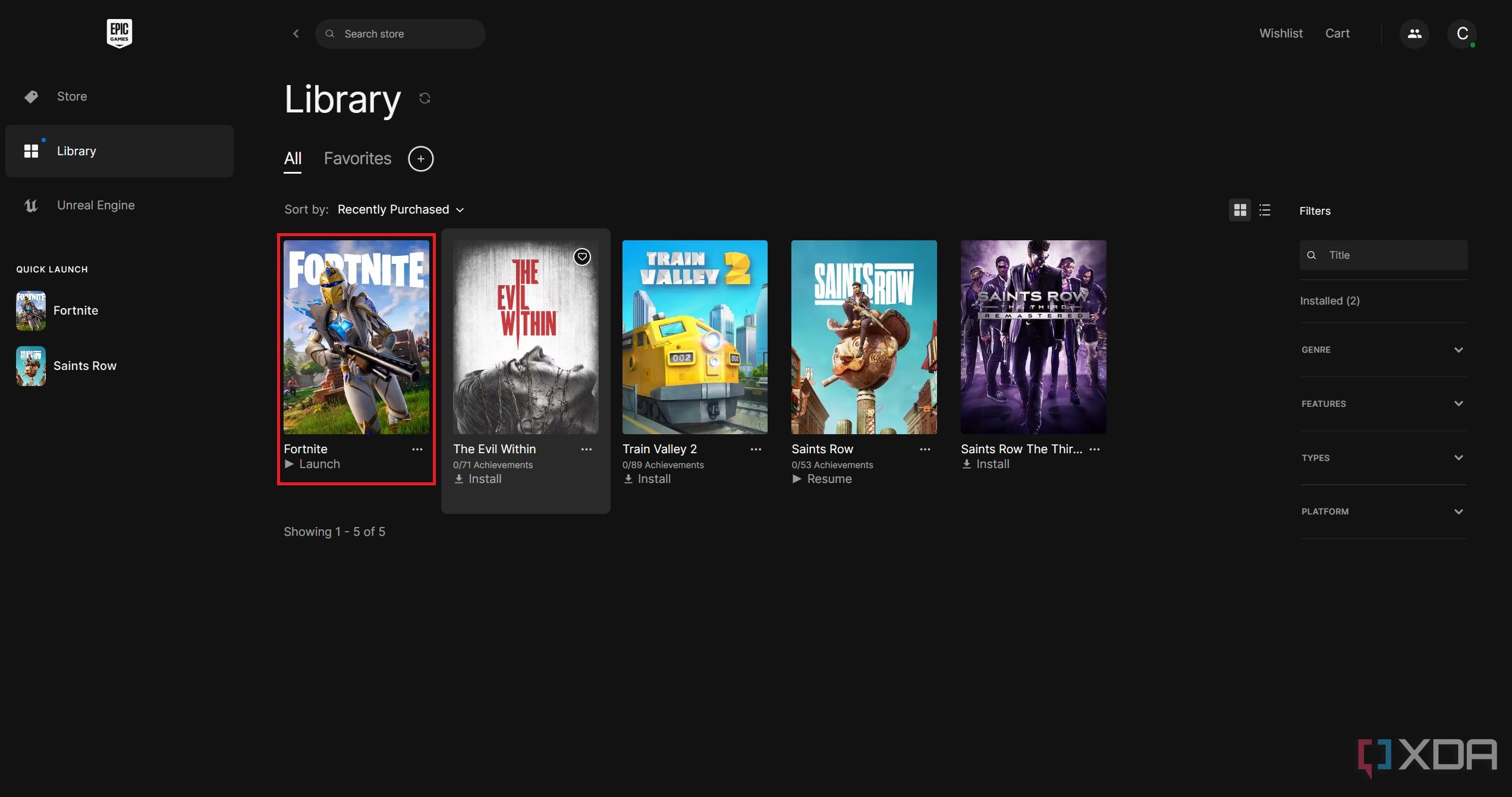 Epic Games Launcher with Fortnite highlighted