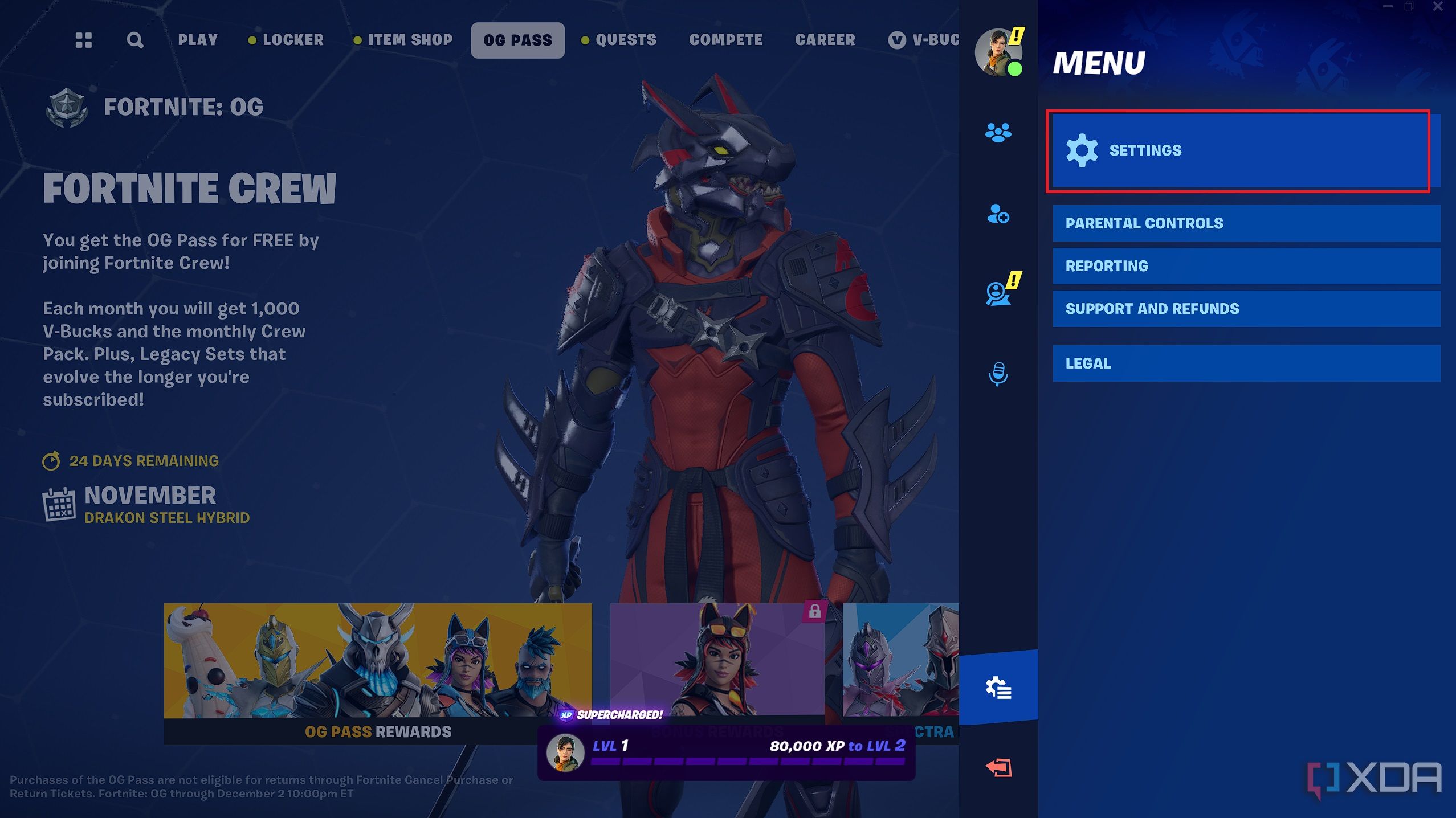 Fortnite with settings menu highlighted