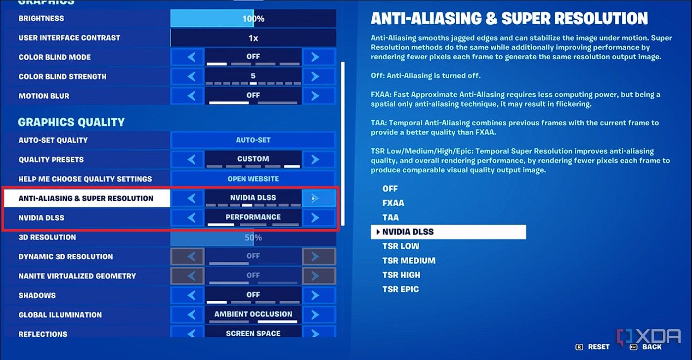 Fortnite graphics settings with DLSS highlighted
