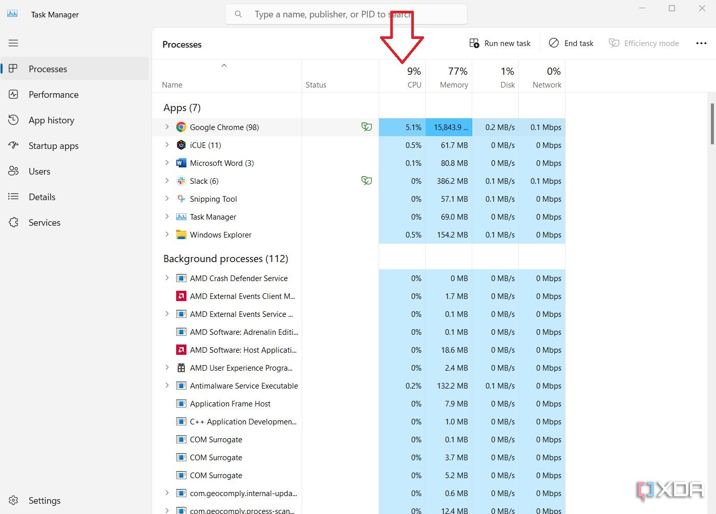 Administrador de tareas de Windows que ordena por uso de CPU