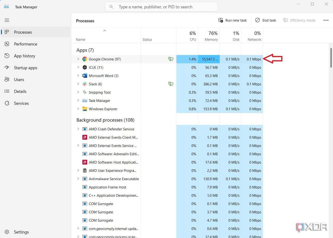 Administrador de tareas de Windows seleccionando un proceso