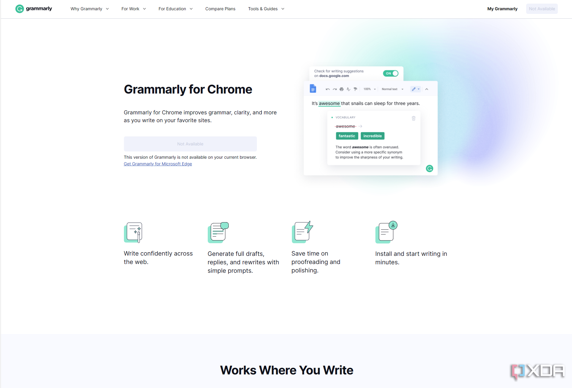 Página de producto de Grammarly en Chrome