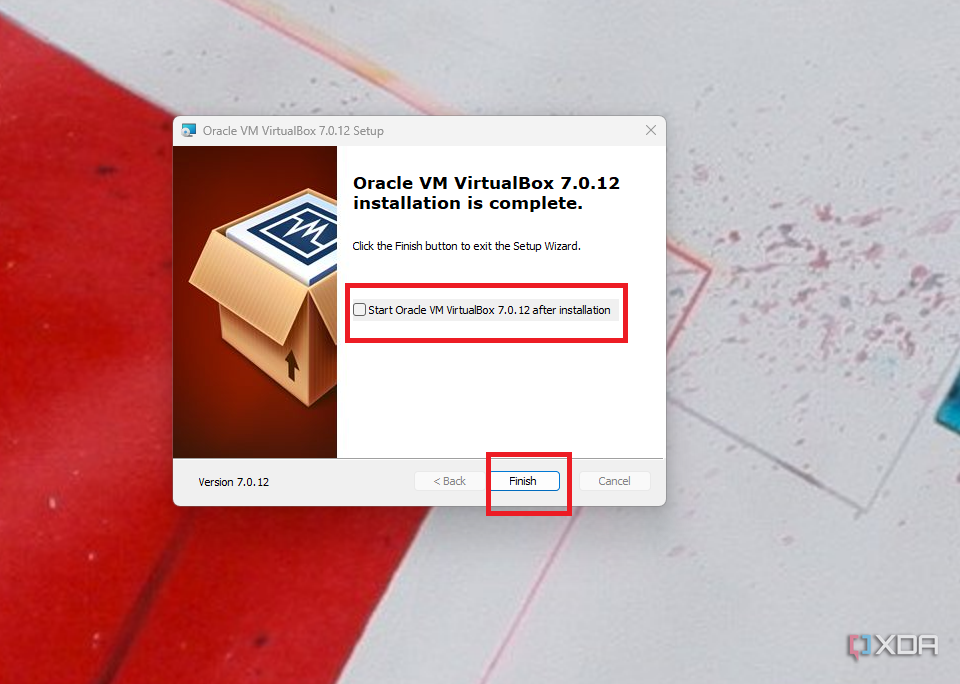 Una captura de pantalla de la pantalla de configuración inicial en Oracle VirtualBox que muestra que no se debe iniciar después de la instalación