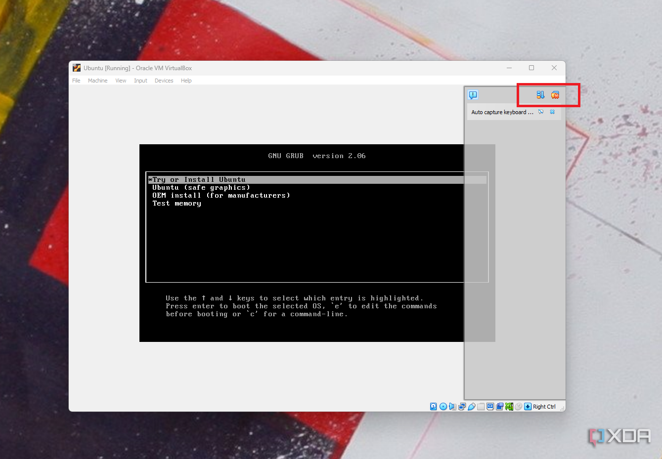 Una captura de pantalla del menú GRB inicial de Ubuntu en Oracle VirtualBox en Windows 11