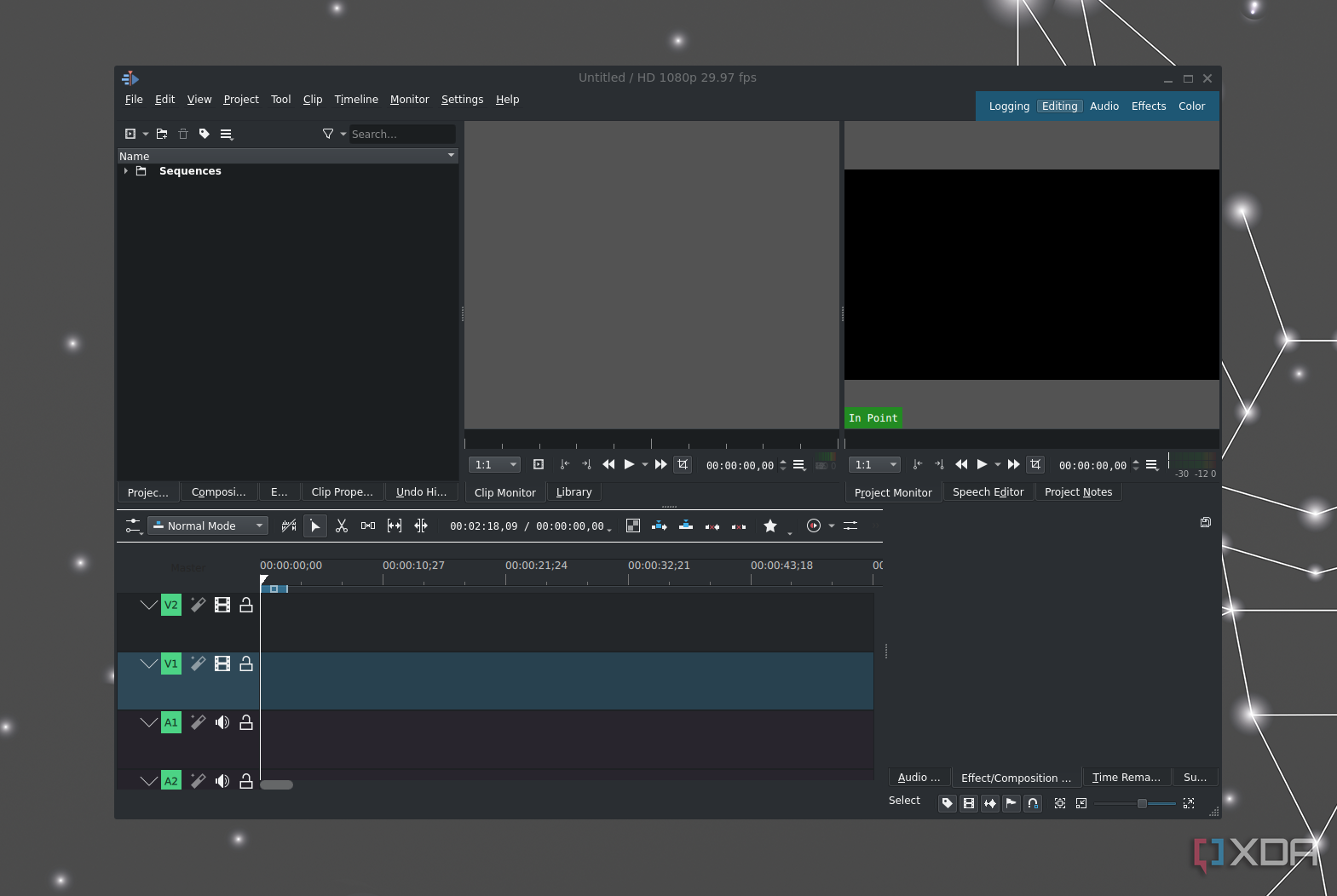 Видеоредактор KDEN Live с пустым холстом, работающий в Ubuntu