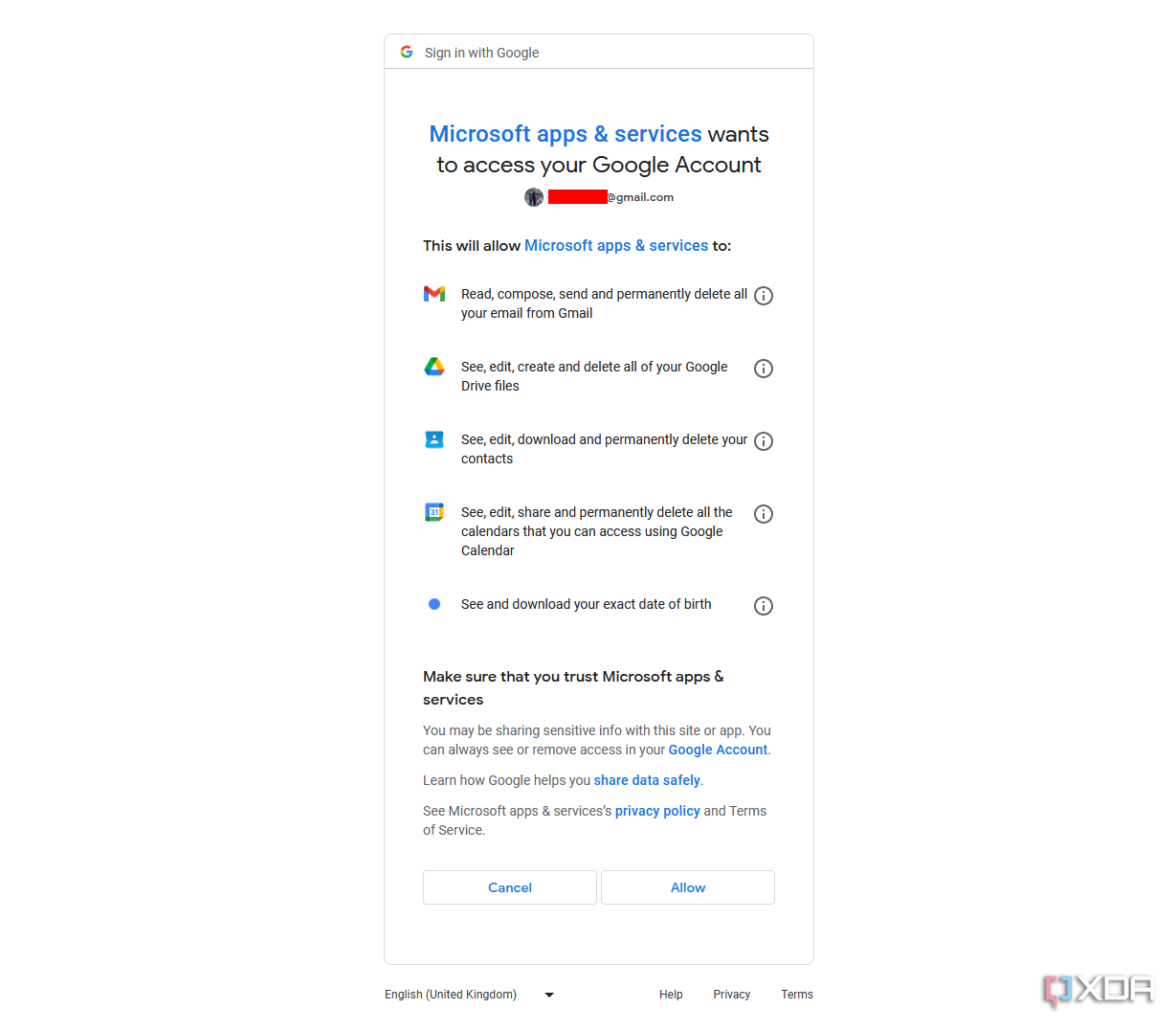 Un ejemplo de advertencia de privacidad de Google sobre el acceso a la cuenta de Outlook.