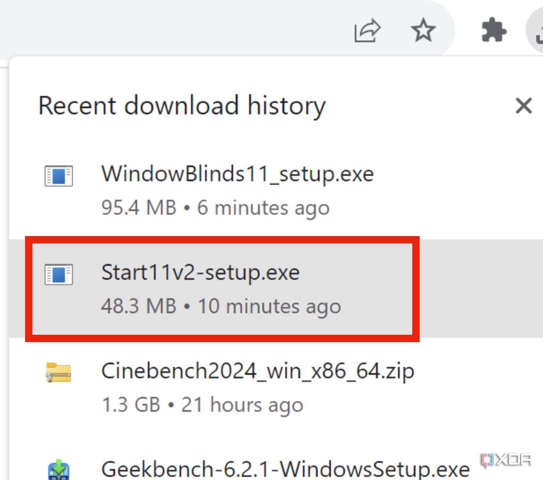 The installation file for Start11 in the downloads folder.