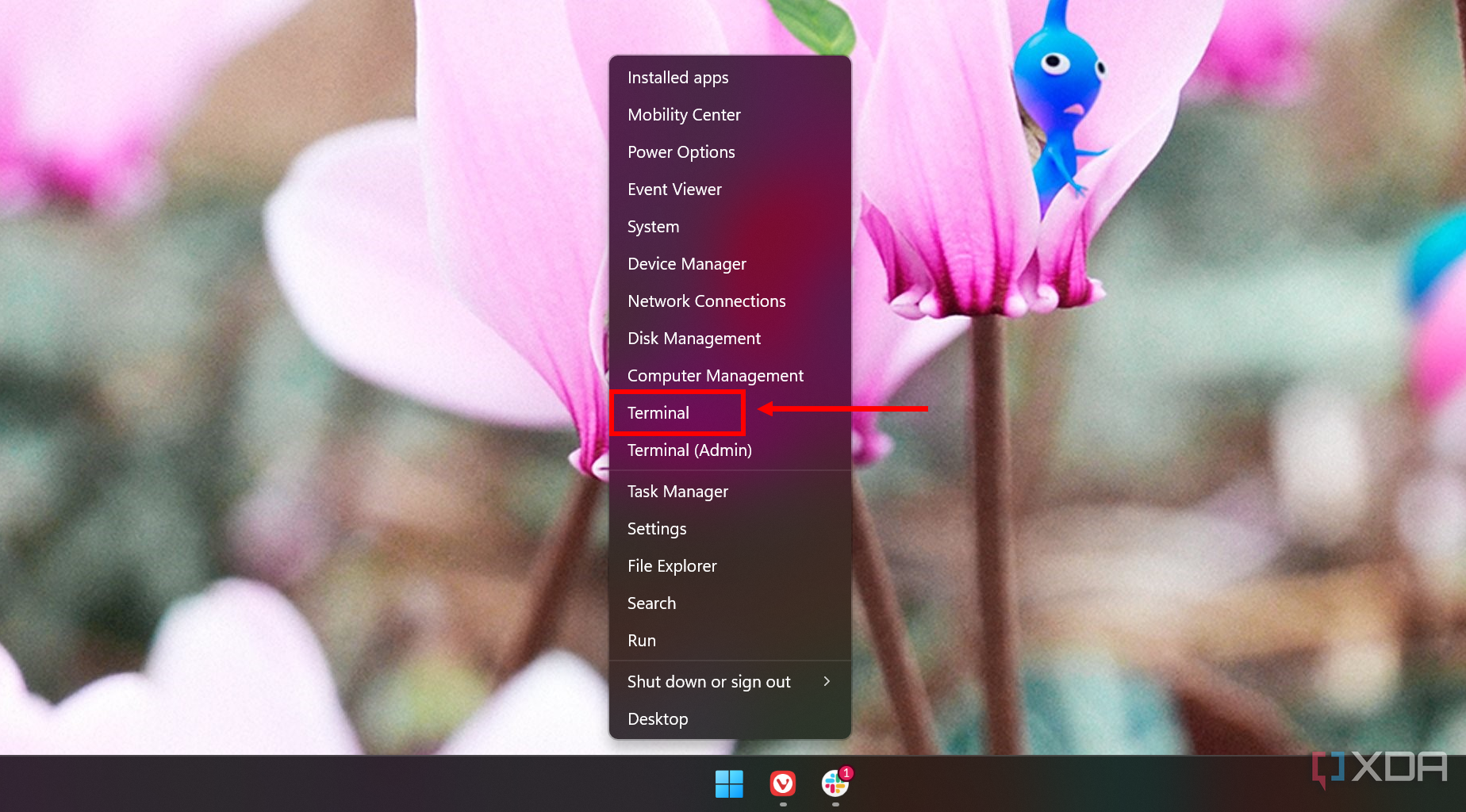 Screenshot of the Windows 11 taskbar and Start context menu with the Terminal option highlighted
