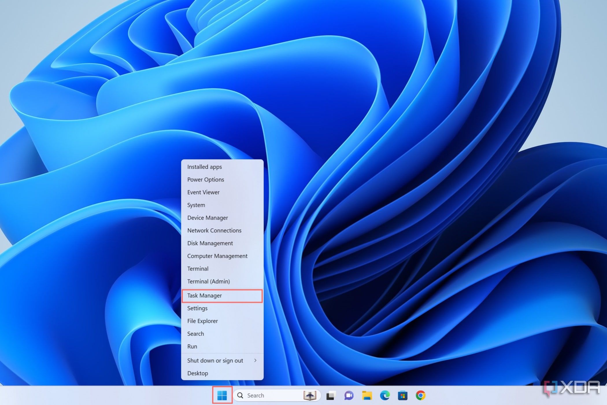 Снимок экрана, показывающий процедуру открытия диспетчера задач в Windows 11.
