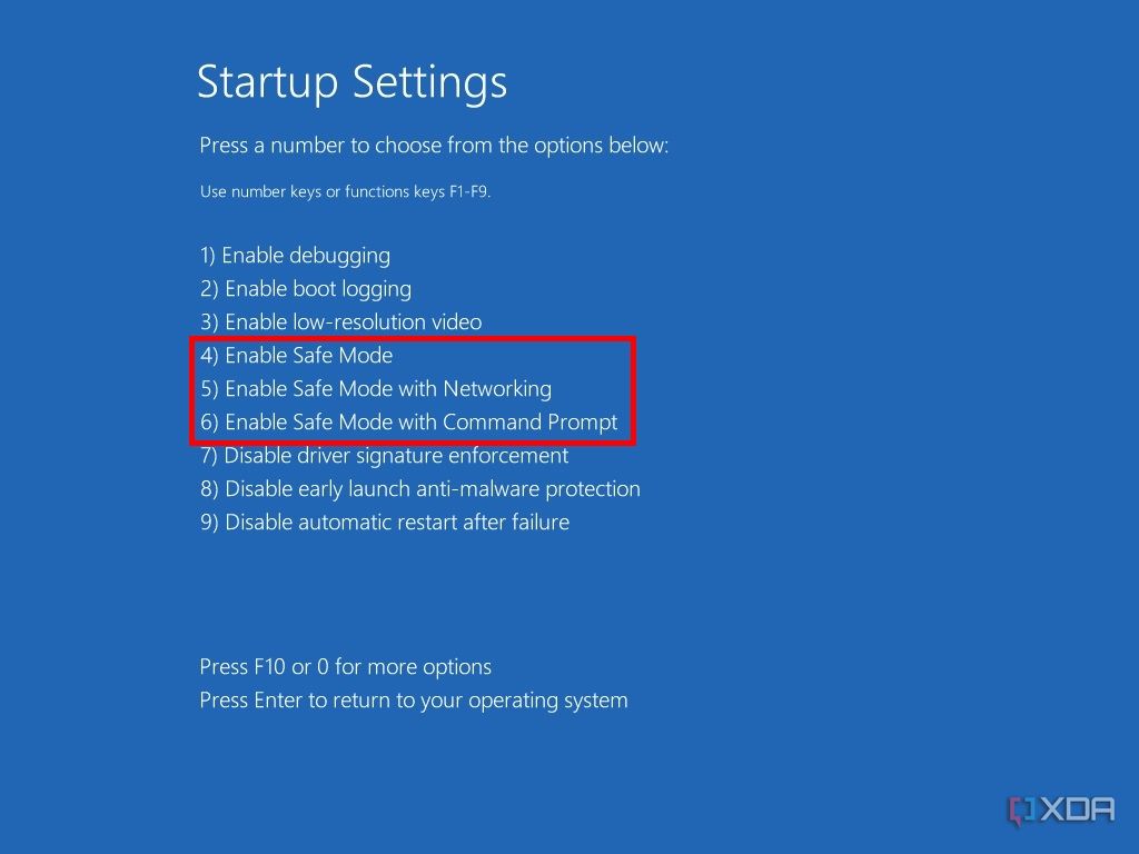 Screenshot of the list of options for startup settings in Windows