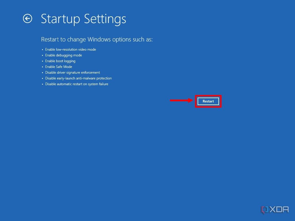 Screenshot of Windows Recovery Environment showing the option to restart to change startup settings