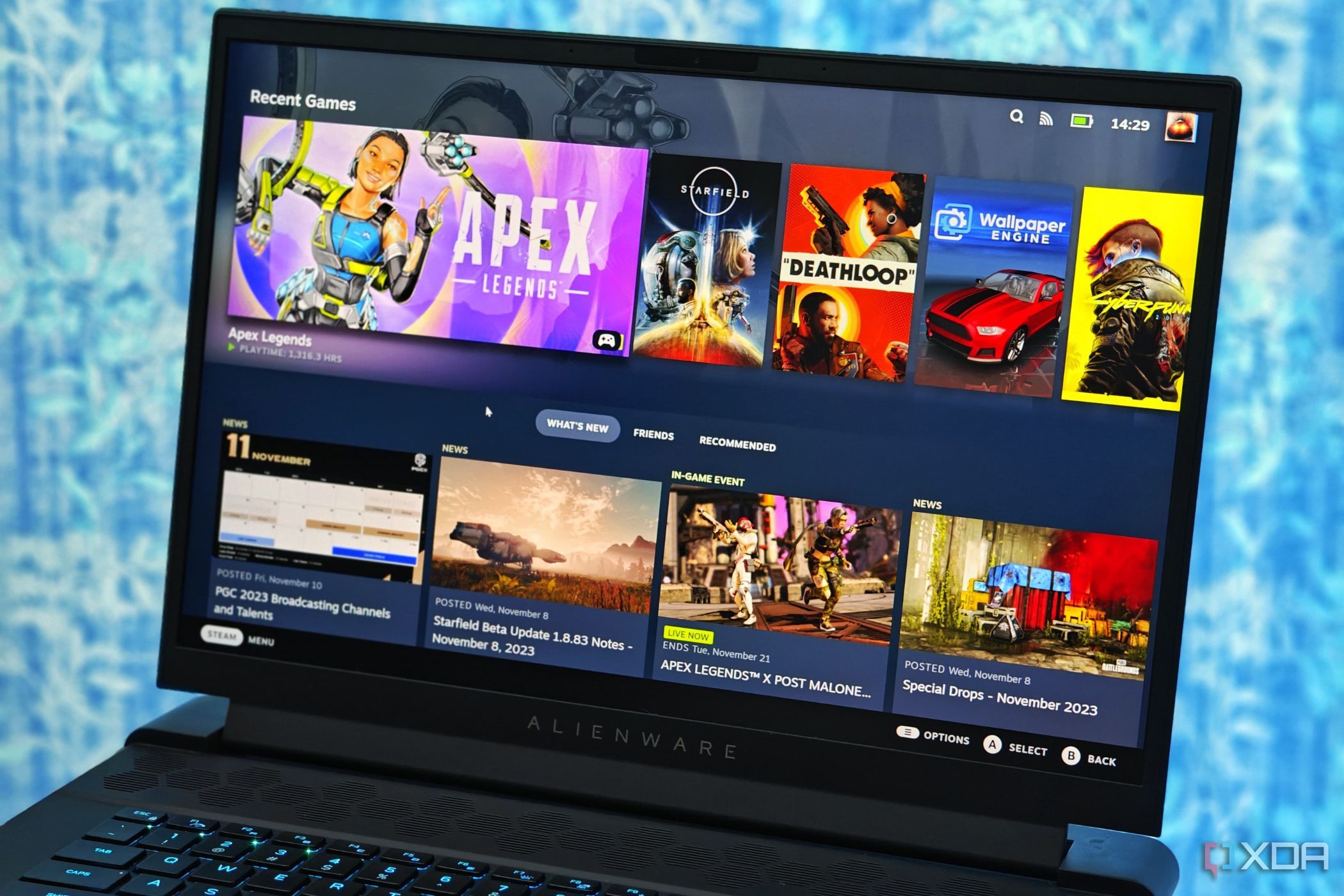An image showing the Steam Big Picture Mode on an Alienware gaming laptop.