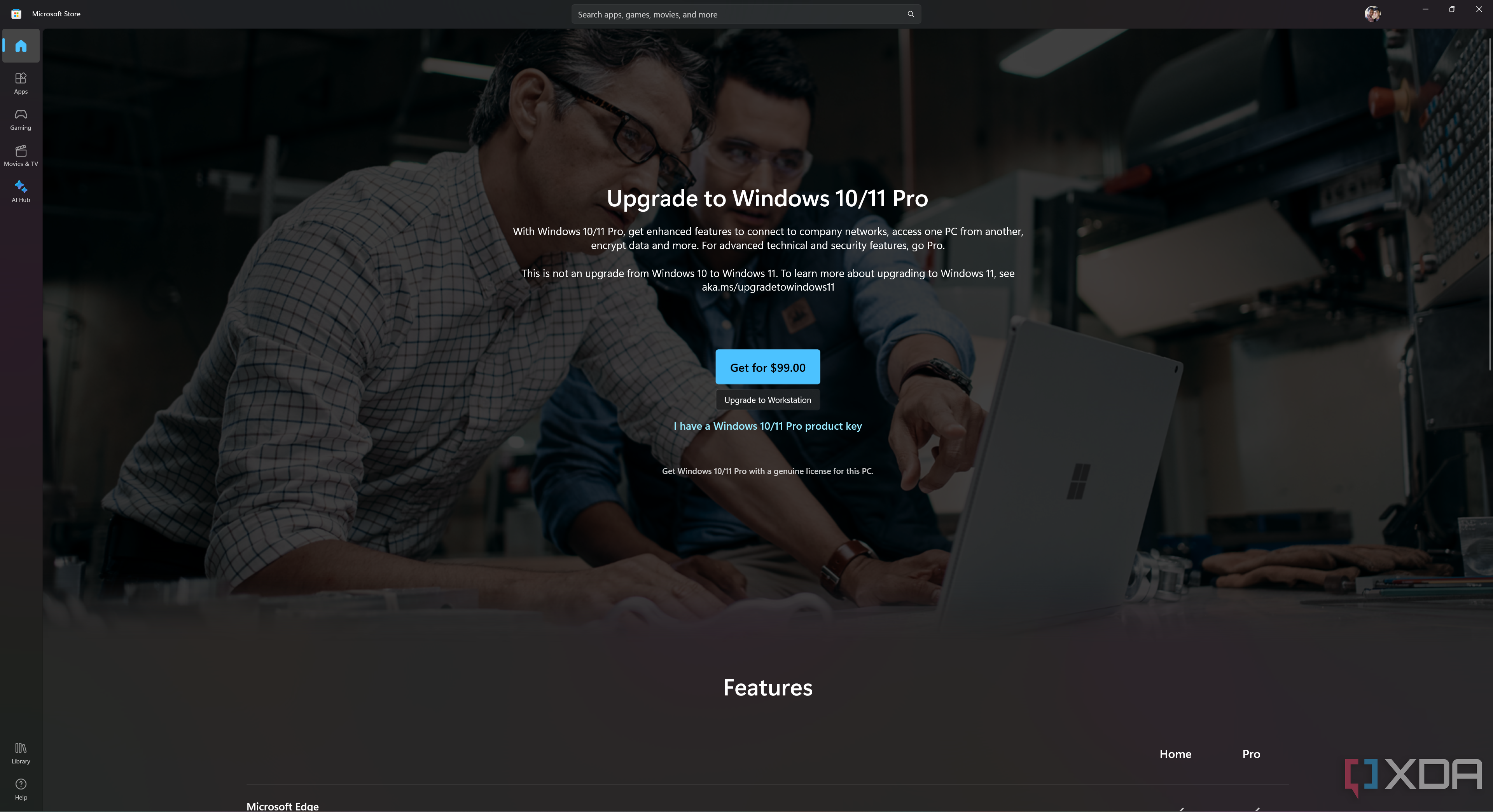 Screenshot of the Microsoft Store on Windows 11 showing a product page for a Windows 11 Pro upgrade