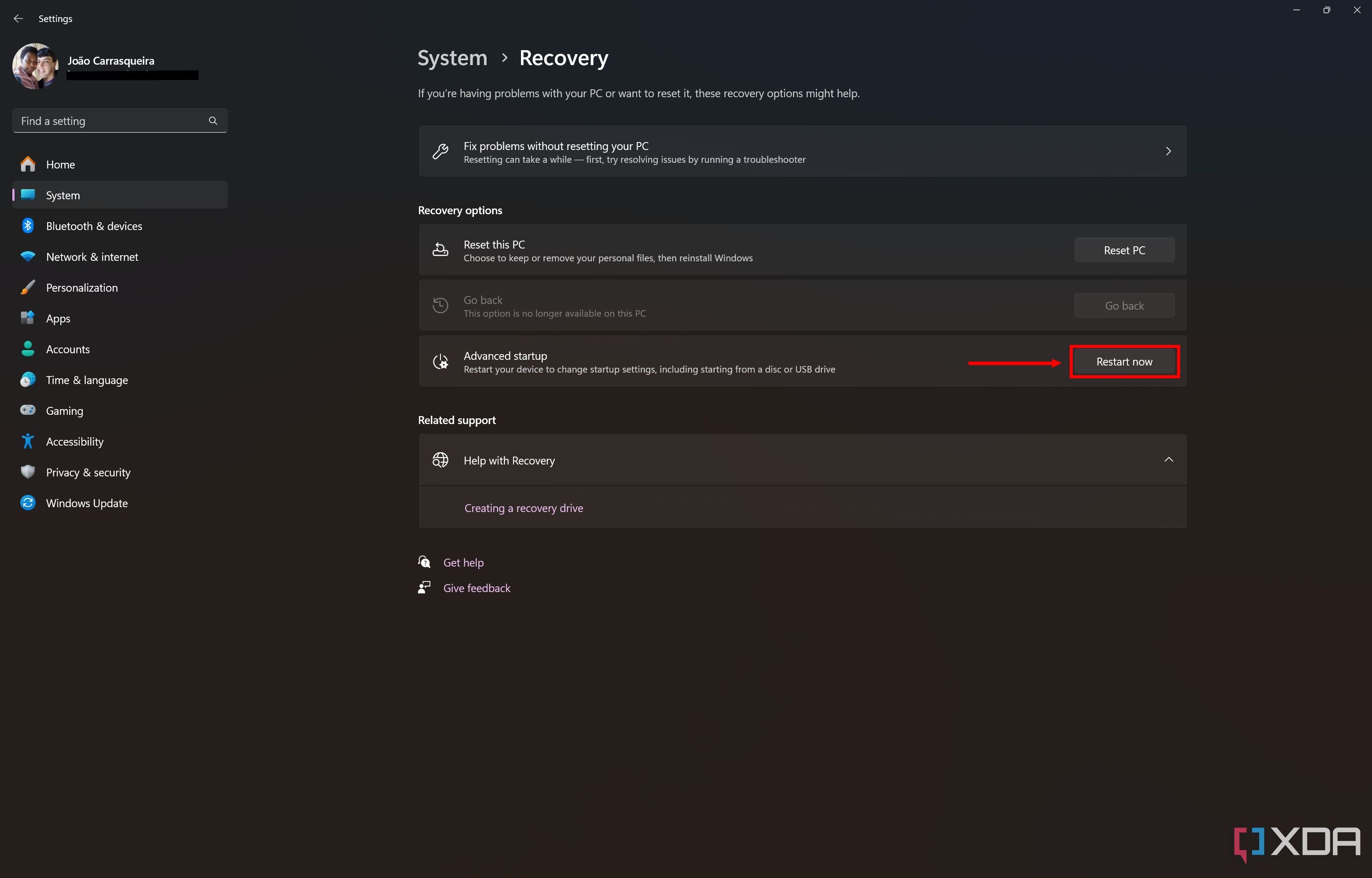 Screenshot of Windows 11 recovery settings with the restart now button highlighted