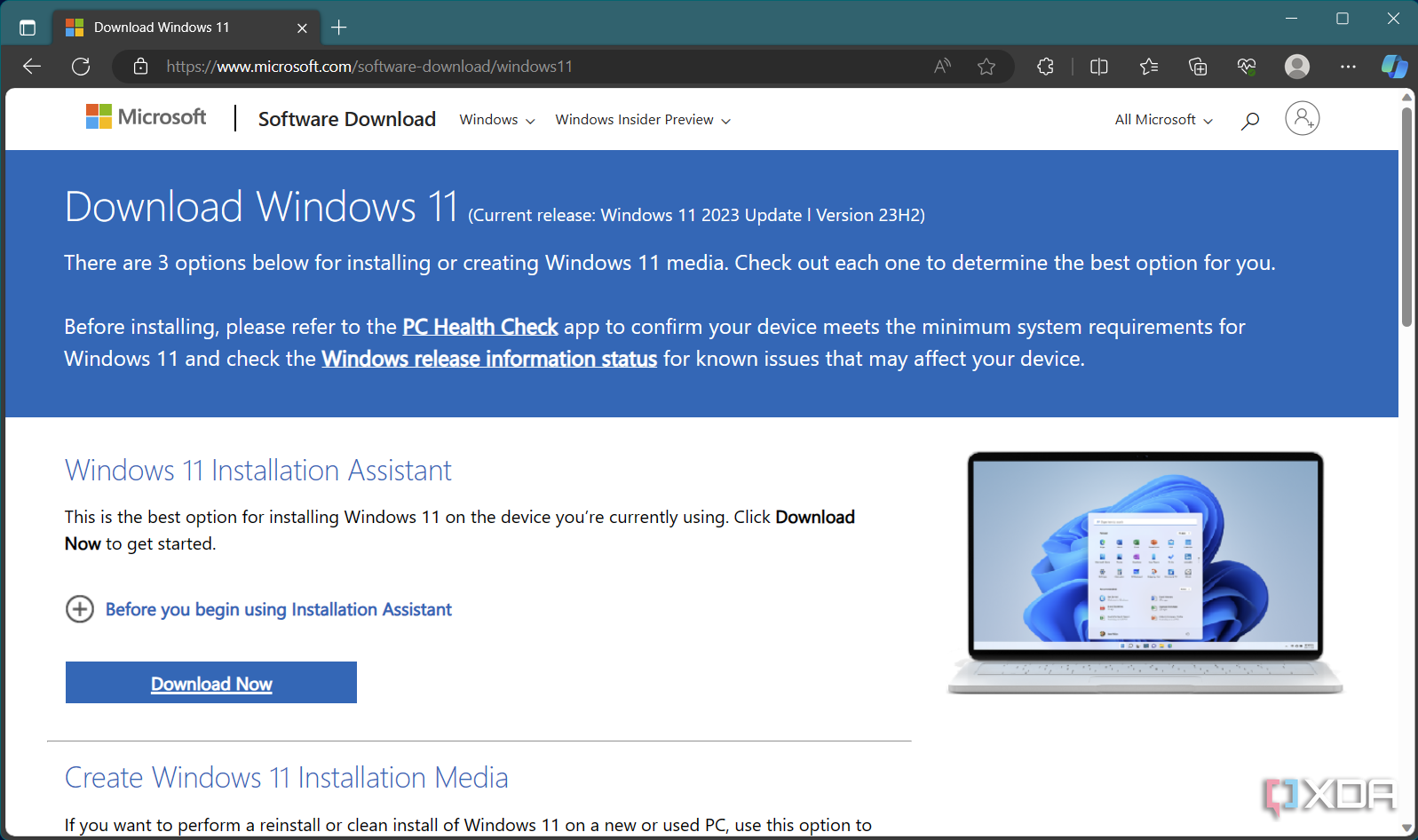 Снимок экрана веб-сайта загрузки Windows 11, посвященный Помощнику установки обновления 23H2.