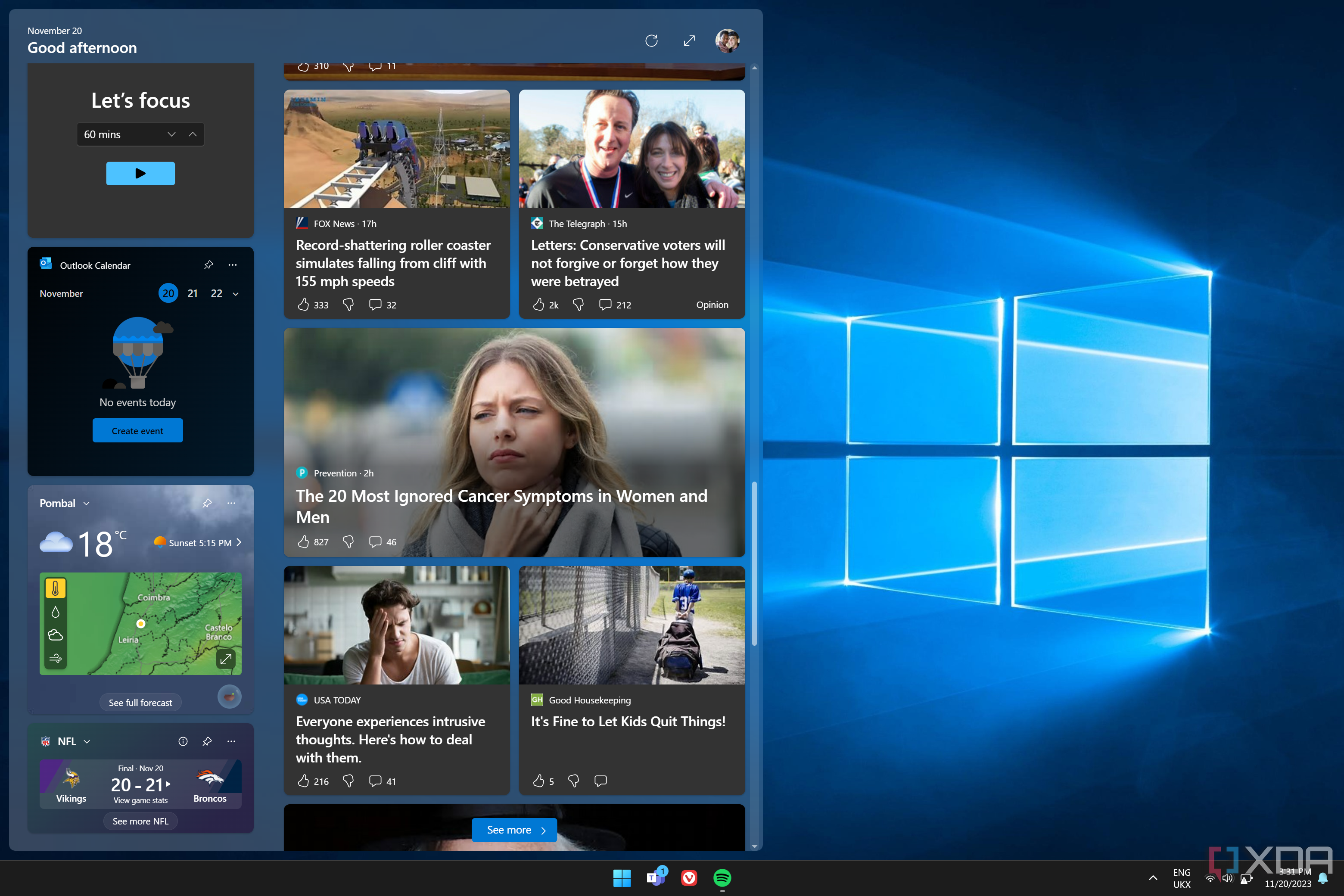 Captura de pantalla del panel de widgets de Windows 11 con noticias del menú Inicio de Microsoft