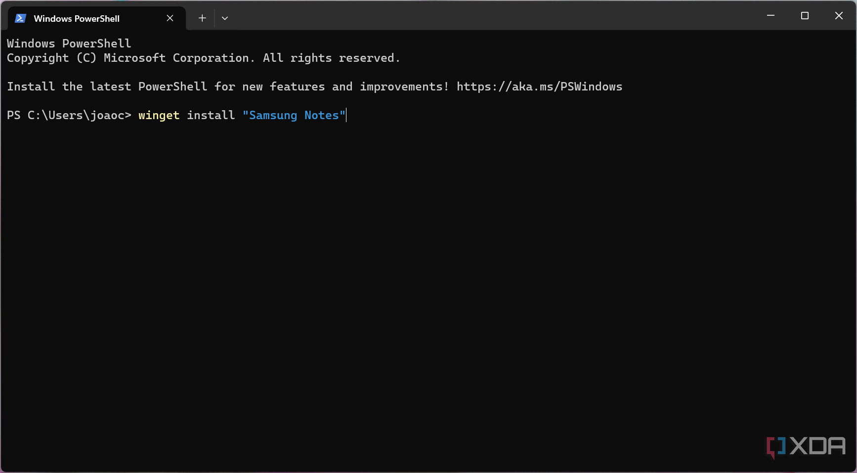 Screenshot of Windows Terminal when installing to Samsung Notes