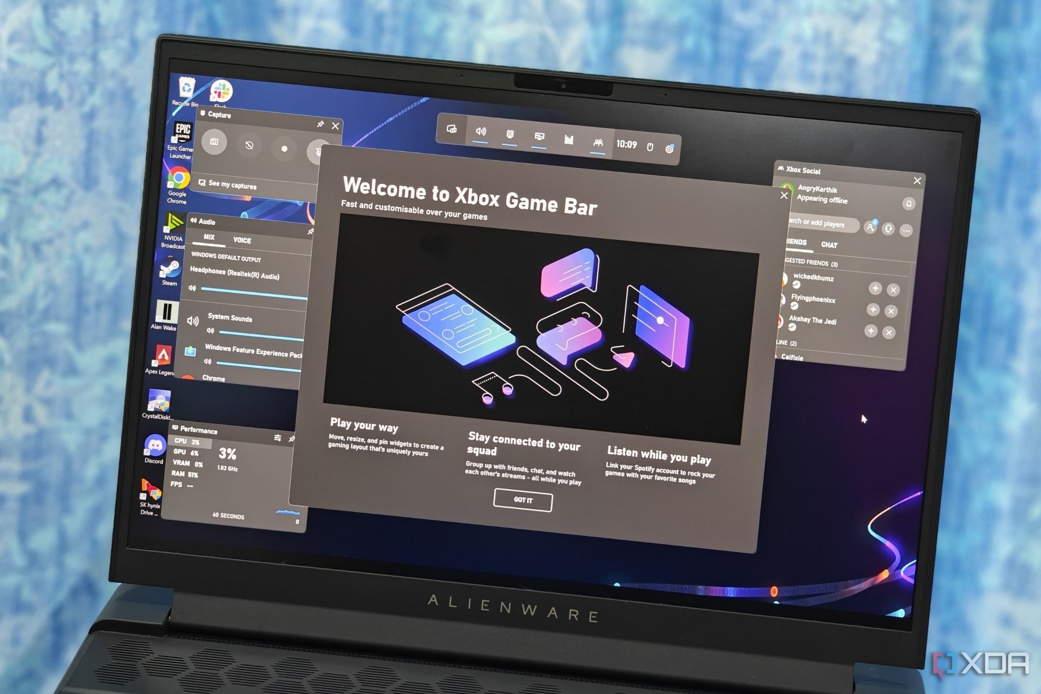 An image showing an Alienware laptop displaying the Xbox Game Bar.