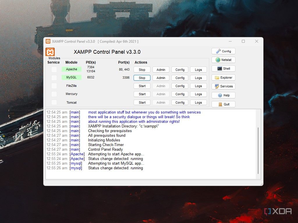 Windows 11 screenshot showing XAMPP running with the Apache server and MySQL started