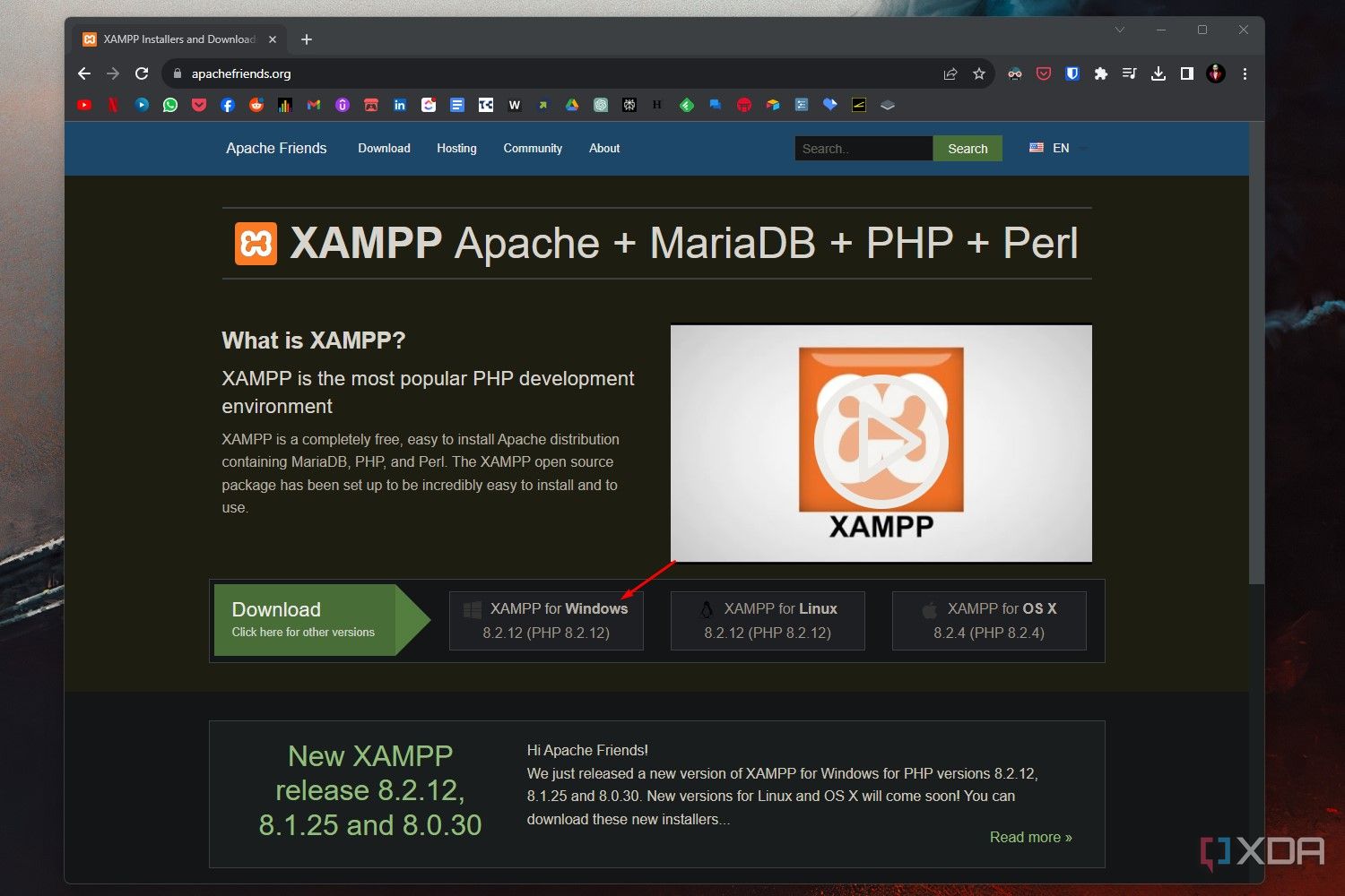 A Google Chrome screenshot showing the download page for the XAMPP application