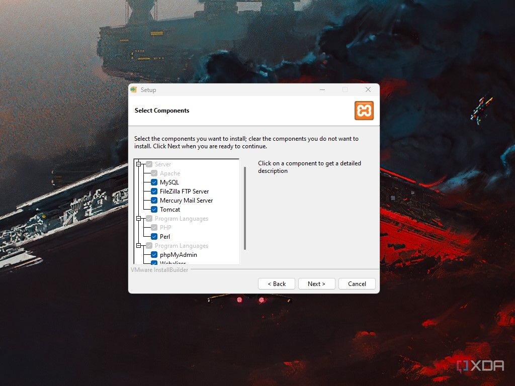 Windows 11 screenshot that shows the component selection screen in the XAMPP setup wizard